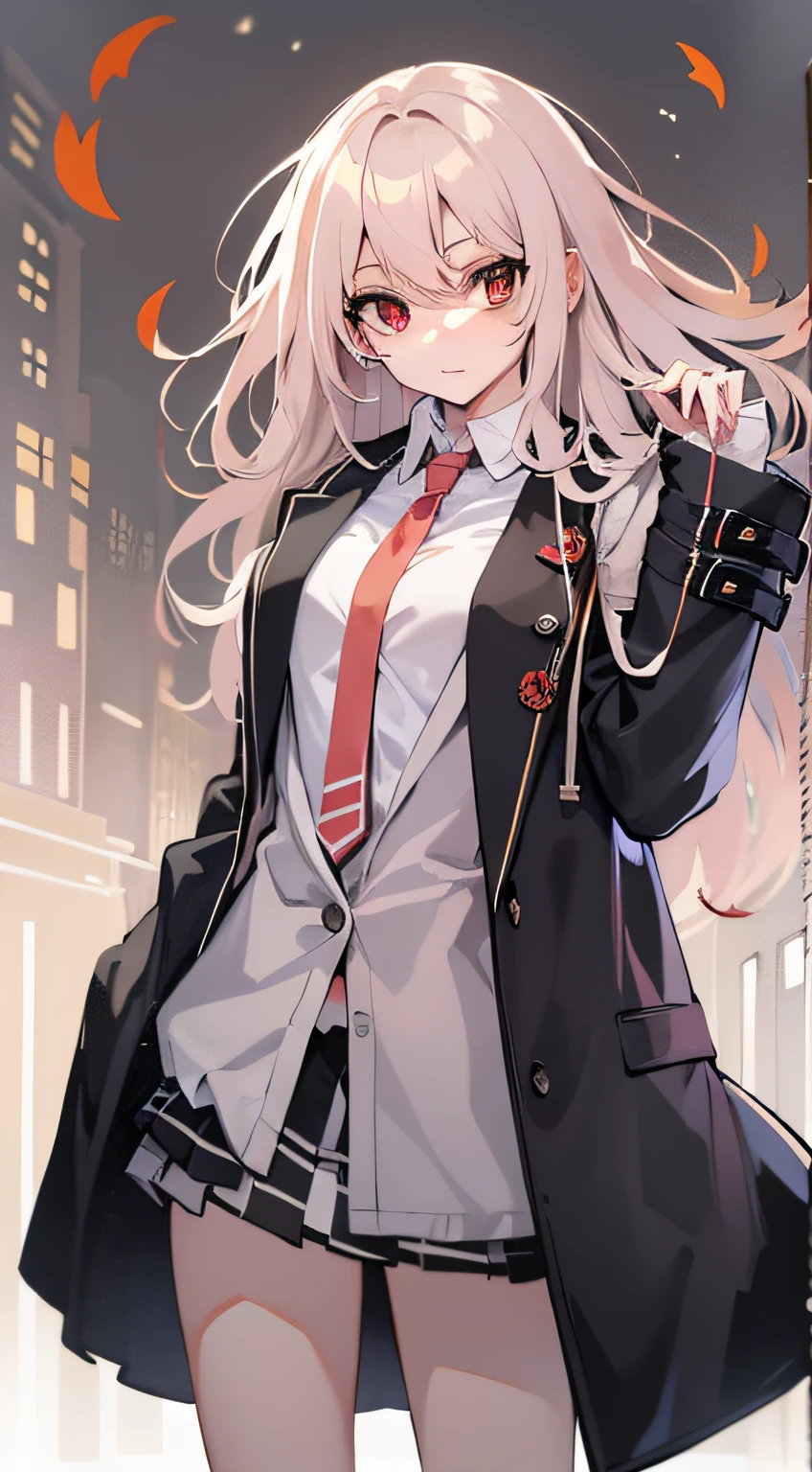 Anime shoujo,Canary anthropomorphism,Master masterpieces,White open belly T-shirt,a black trench coat,red color eyes,White color hair,long whitr hair,solo person