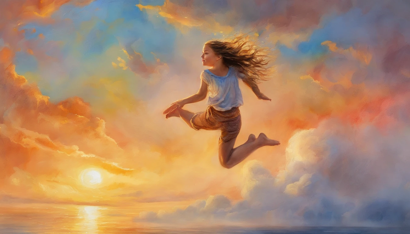 masterpiece, best quality, movie still, 1girl, cloud girl, floating in the sky, close-up, bright, happy, warm soft lighting, sunset, (sparks:0.7)