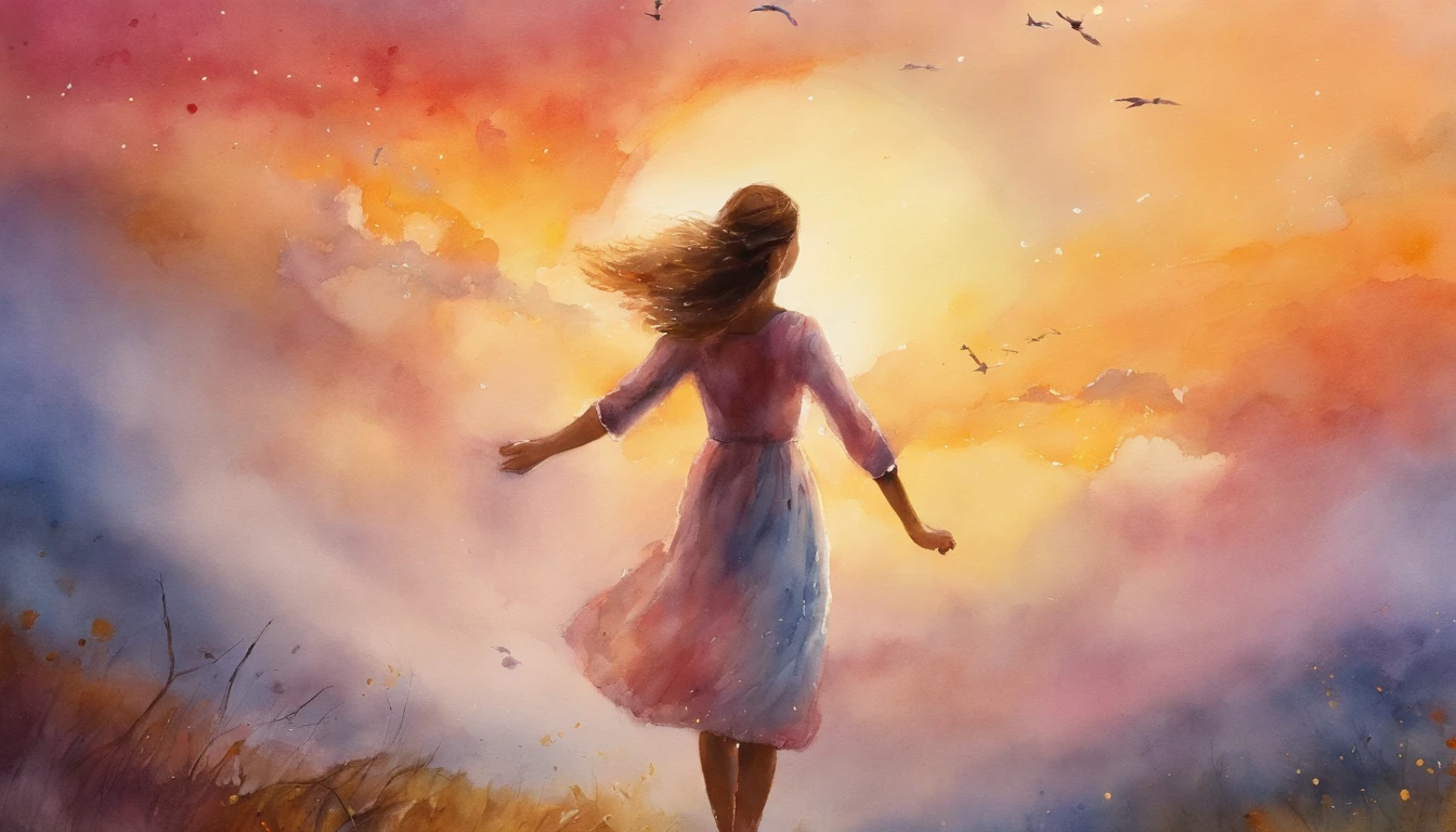 masterpiece, best quality, movie still, 1girl, cloud girl, floating in the sky, close-up, bright, happy, warm soft lighting, sunset, (sparks:0.7)