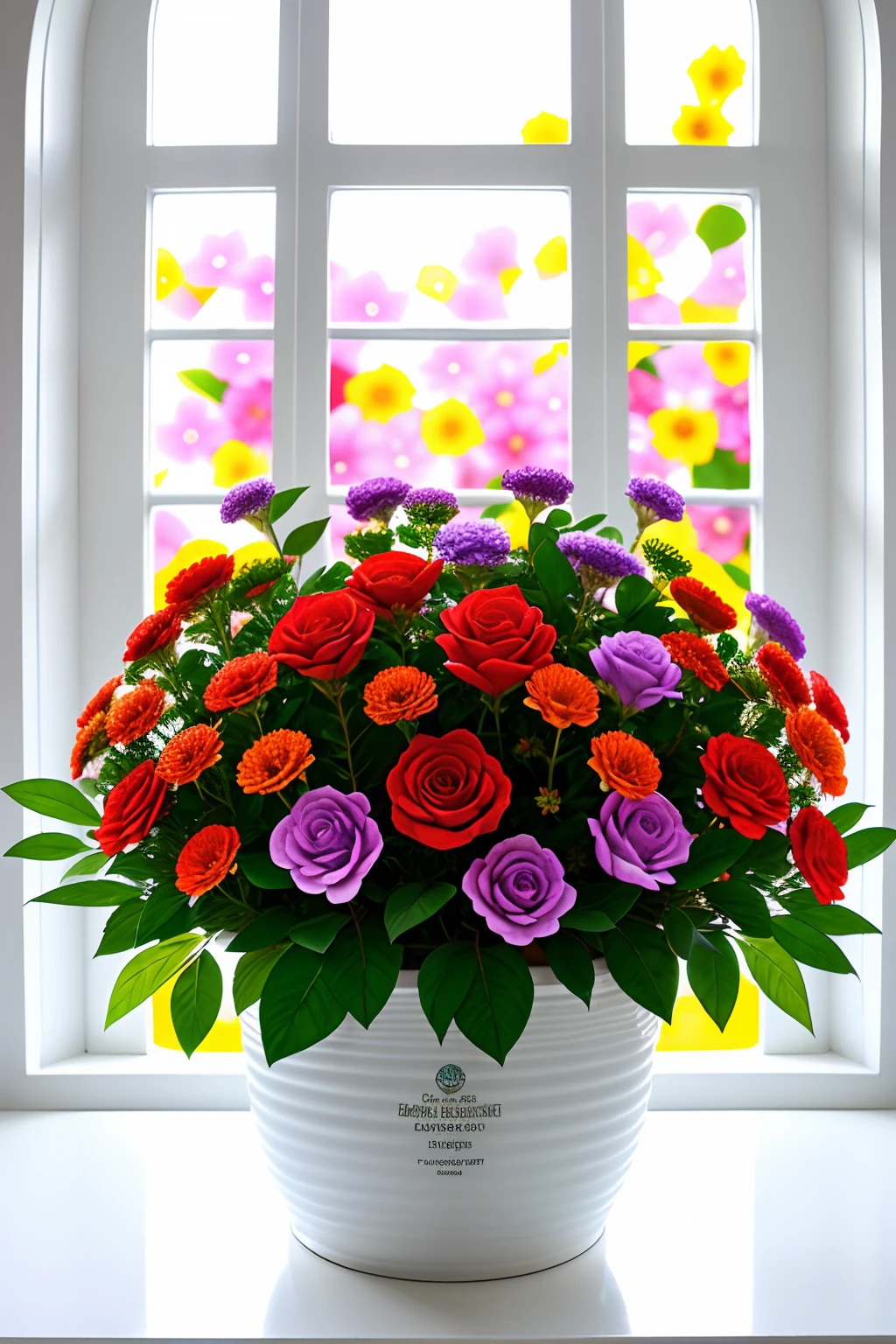 Clay Flower Tray, Colorful flowers, a magical colorful flower, Colorful flowers, Colorful flowers, Colorful flowers and plants, by the window, sunlight coming in, Many details, High quality, 8K clay pot, Multicolored roses, by the window, sunlight coming in, White background, Many details, High quality, 8K,