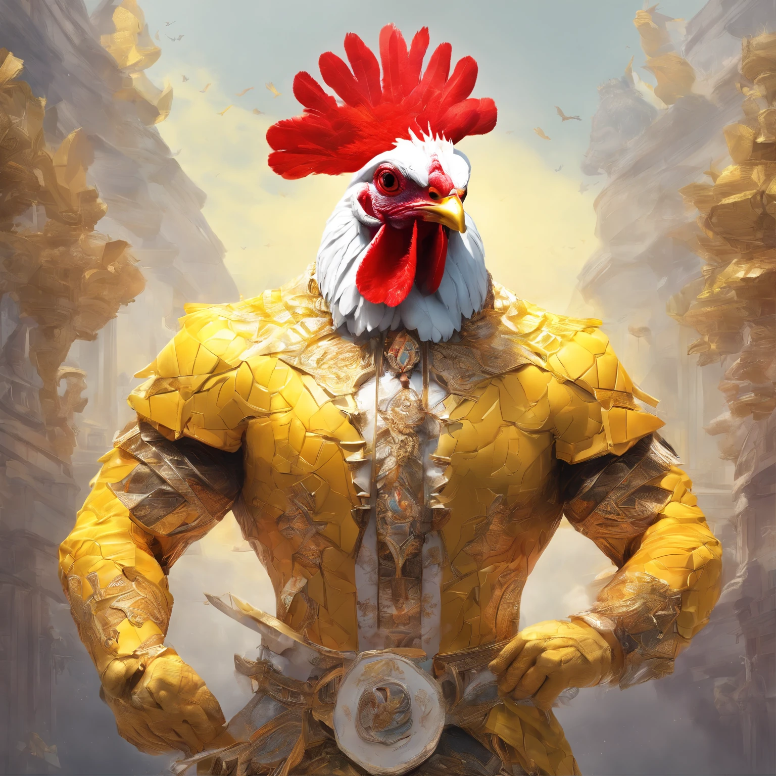 body builder、Only the head is a chicken human、colourfull、Perfect alignment, body builder、Chickens only the head,Crystal Vase,Rose flower, Wearing sunglasses, cheerfulness, Standing position, Abstract beauty, Centered, Looking at the camera, Facing the camera, Approaching perfection, Dynamic, Highly detailed, Smooth, Sharp Focus, 8K, hight resolution, Illustration, art by carne griffiths and wadim kashin, White background、Kitchen car、body builder、Human with a chicken head、hali々and majestic heads dressed in the costume of Malaysian kings create a mesmerizing photo operation featuring a chicken man, Decorated with luxurious yellow garments, and wear a magnificent tanjak as a traditional headpiece. A majestic head places a chicken human on an enchanting grand throne, Castle in Another World. Using creative editing techniques、Head blends chicken humans seamlessly with luxurious settings, Elevate the overall atmosphere with subtle magic and ethereal elements. This piece should evoke a strong sense of awe, power, and Enchanted, Heads dressed in glittering yellow costumes invite viewers to an enchanting and mythical world ruled by the human king of chickens