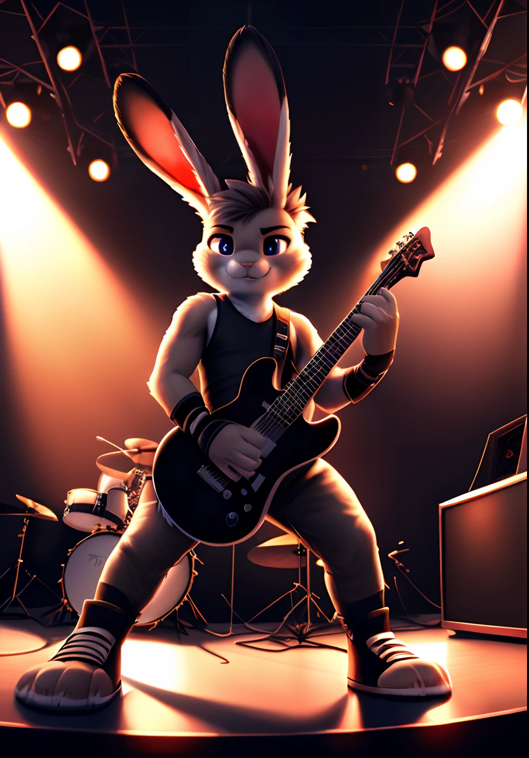 ultra detail, high resolution, ultra detailed, best quality, amazing, top quality, extremely detailed CG unity 8k wallpaper, cinematic lighting, heavy metal fanboy,  boy, hair, playing guitar, on the stage concert, (((furry))), ((cute and lovely)), bunny