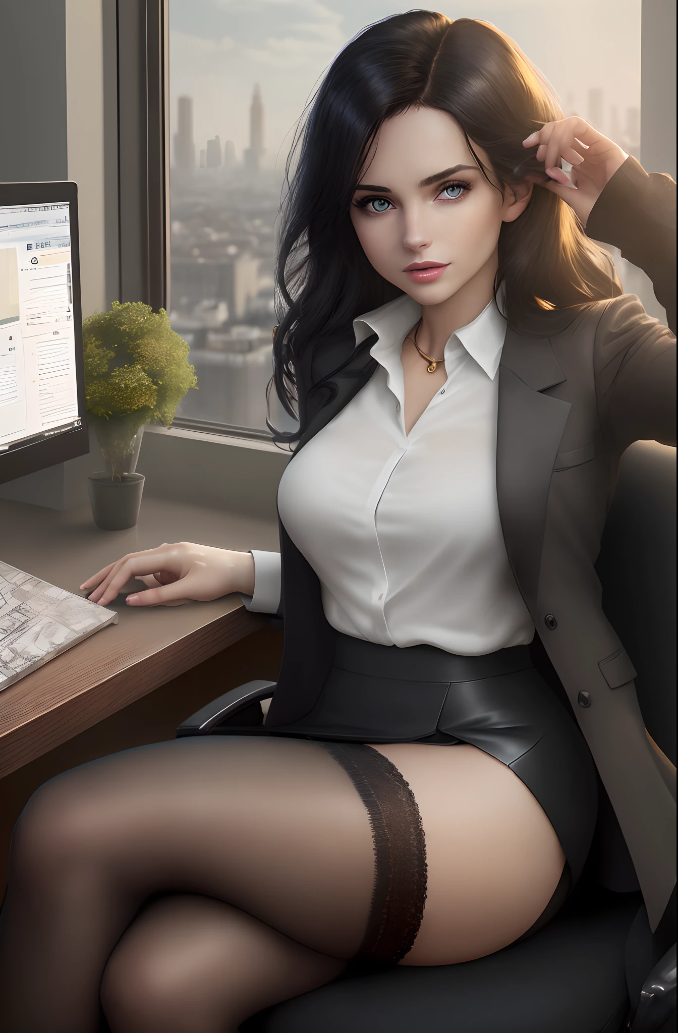 (32ｋ,higly detailed,High Detail Attention to Detail,tmasterpiece, Esbian for the whole body, 独奏, Although incredibly beautiful and sexy、Very nice beautiful girl：1.9),RAW photo & Realistic atmosphere, Beautiful purple eyes,Detailed mouth, glossy lips, Detailed eyebrows, eyes, Traced in detail, with pale white skin, It shines in every detail、Very beautiful eyes with dark blue eyes, detailed lips、Very beautiful face, Very well-formed face、A real person, shiny beautiful lips, Beautiful eyebrows, Infinite reality, realistic young gravure idol, young sensual gravure idol, young gravure idol, Beautiful, Sexy and cute,  1 girl sitting on an office chair at a computer, European Beautiful Face, (The European model:1.3), 30 years, Delicatessen, Business women's clothing, (black jacket:1.1), (white fitted shirt:1.1), (Black wrap leather skirt:1.1), golden jewelery, spruce stockings are visible from under the skirt, black lence stockings，goosebumps on skin, Goose - meat，（fidelity：1.3，filigree，Quality，（tmasterpiece：1.2），（fidelity：1.2），（beste-Qualit），（The skin is described in detail：1.3），（Complicated details，dramatics，ray traced，a  photo of a，Bathing in the shade，Visual Novel，Boss's office for a skyscraper，Window overlooking the city，filmgrain，Depth of field, The lines are clear and concise, a handsome female, Detailed white blouse, Detailed Black Leather Skirt, necklace, Wavy dark hair, The perfect European face, Beautiful European face, Attractive, Big gorgeous blue eyes, mouth open, Teeth are not visible, Happy, the perfect body, Bright colors complement each other, which enriches the layering of the whole picture, Elegant white blouse, A black jacket and a black leather skirt add a lot to the character, Using a gesture, Straighten your hair with your left hand, Perfect manicure, It also shows the subtle and elegant side of a woman.