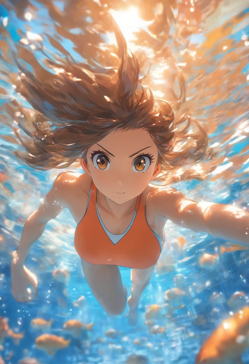 foreshortening, Depth of field, Masterpiece, Best quality, 1girll, Brown hair, Brown eyes, Long hair, Underwater, airbubble, Solo, view the viewer, School swim wear, Swimming, Dappled sunlight,