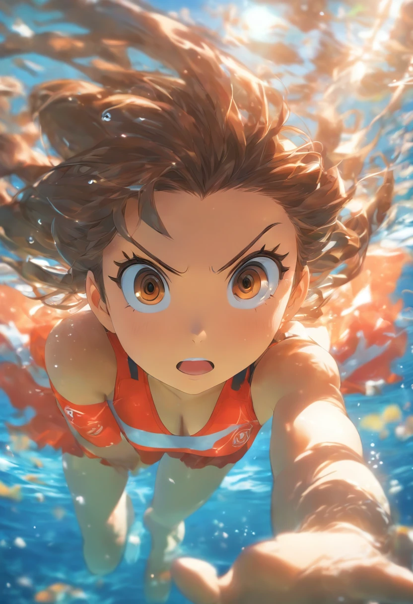 foreshortening,  Depth of field, Masterpiece, Best quality, 1girll, Brown hair, Brown eyes,  Long hair, Underwater, airbubble, Solo, view the viewer, School swim wear, Swimming,  Dappled sunlight,