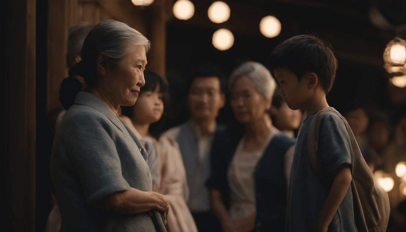Japan parents and children2a person 50-year-old mother 18-year-old man 2People are lining up and looking at us Positive and standing Side by side canny scary atmosphere realistic top-quality delicate Live Action realisitic a picture 8K ultra-detailliert