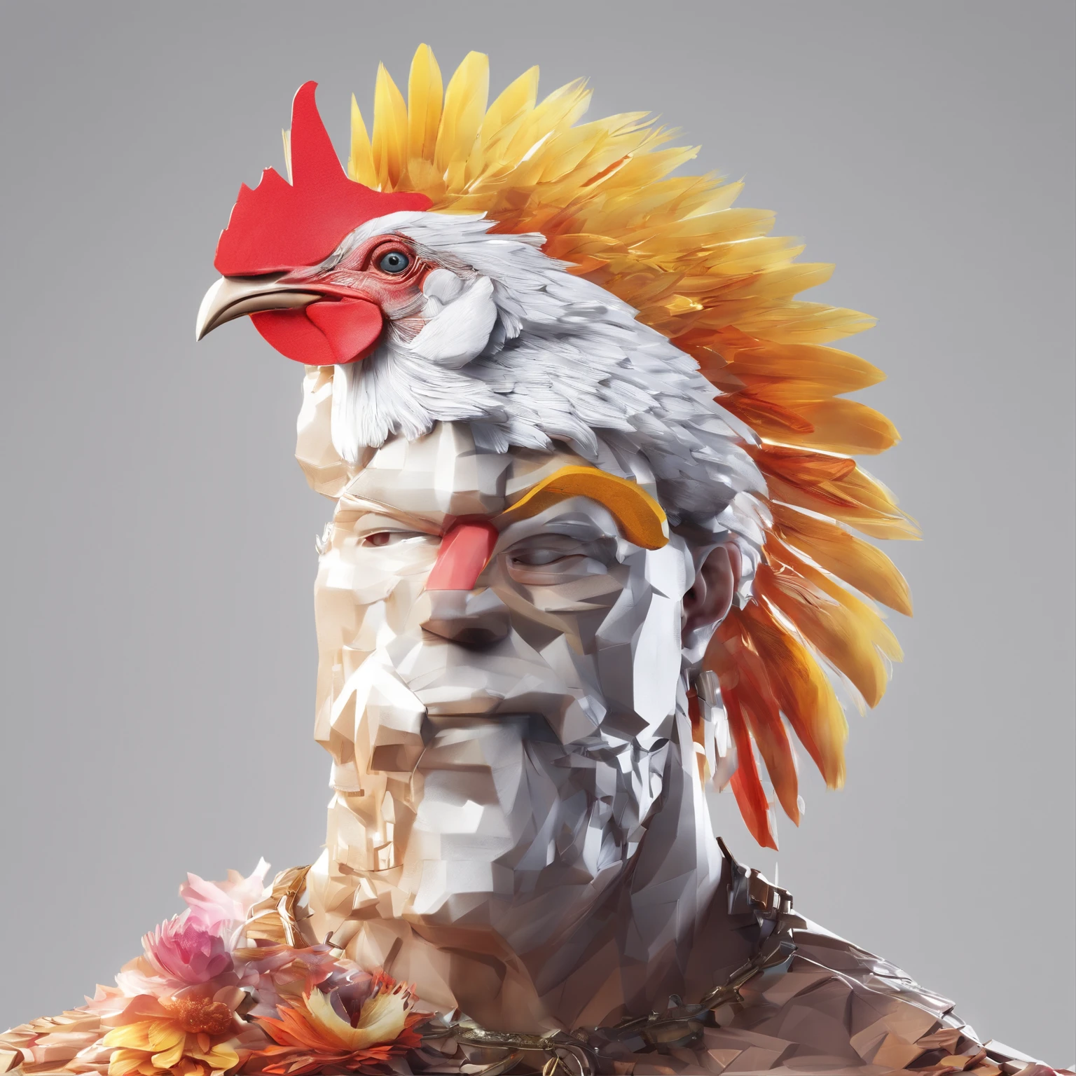 body builder、Only the head is a chicken human、colourfull、Perfect alignment, body builder、Chickens only the head,Crystal Vase,Rose flower, Wearing sunglasses, cheerfulness, Standing position, Abstract beauty, Centered, Looking at the camera, Facing the camera, Approaching perfection, Dynamic, Highly detailed, Smooth, Sharp Focus, 8K, hight resolution, Illustration, art by carne griffiths and wadim kashin, White background、Kitchen car、body builder、Man with chicken head、Create a captivating photo op featuring a chicken man, Wear a magnificent tanjak as a traditional headpiece. A majestic head places a chicken human on an enchanting grand throne, Castle in Another World. Use creative editing techniques、Head blends chicken human and luxurious settings seamlessly, Elevate the overall atmosphere with subtle magic and ethereal elements. This piece should evoke a strong sense of awe, power, and Enchanted, The head dressed in a glittering yellow costume、Invites viewers into an enchanting and mythical world ruled by a human chicken king