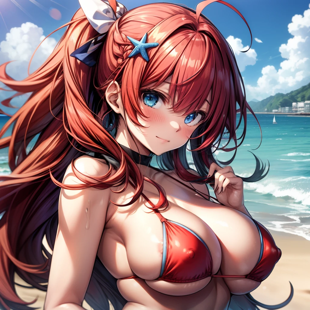 itsuki nakano, red hair, long hair, blue eyes, star hair ornament, ahoge, blushing, beach, red bikini, nsfw, showing off boobs, nipples