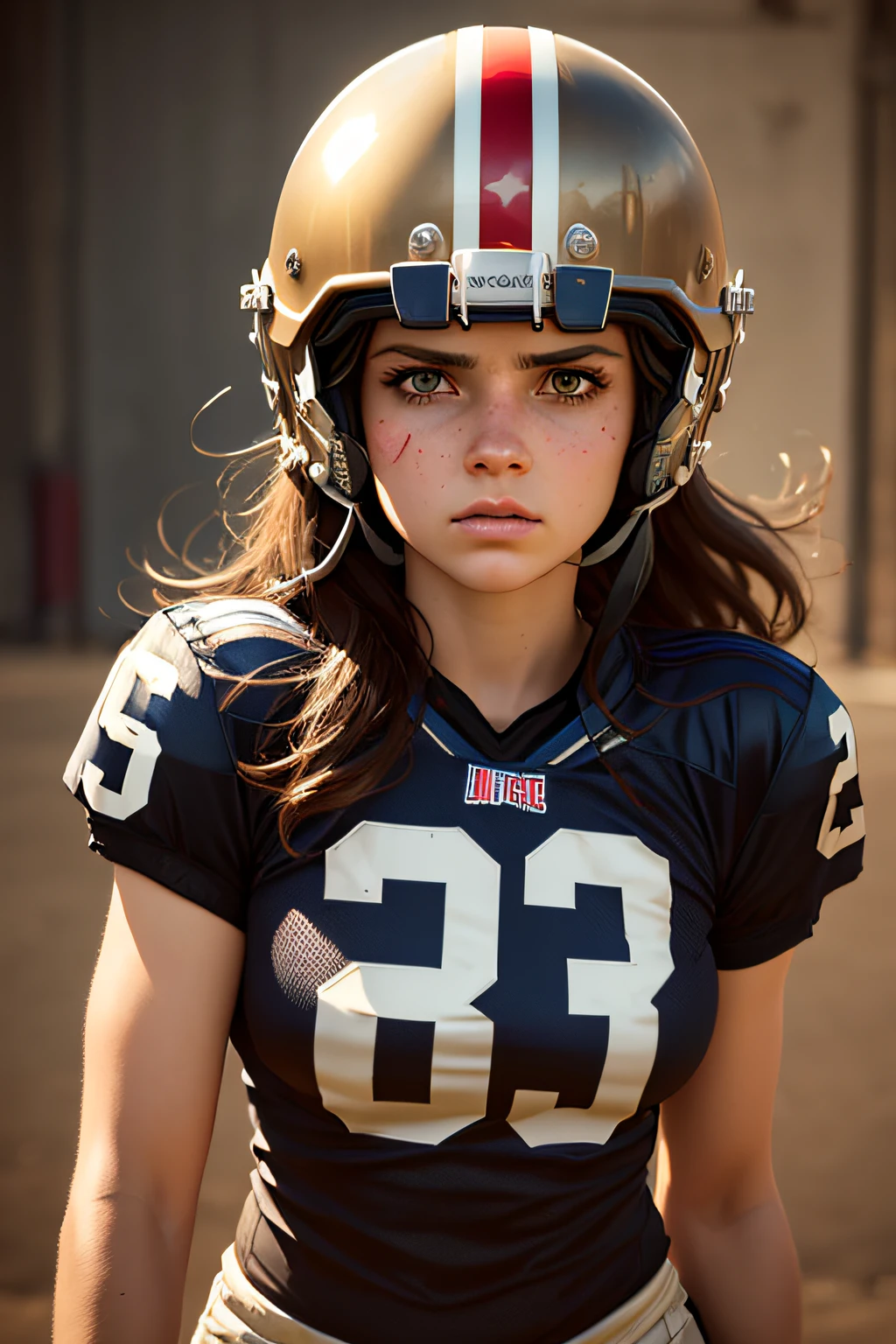 funny looking girl dressed in american football gear, helmet, intense stare, in the style of realism charlie bowater, alejandro burdisio, intense, alexandr averin, symbolic nabis, 8k 3d, funny and sports