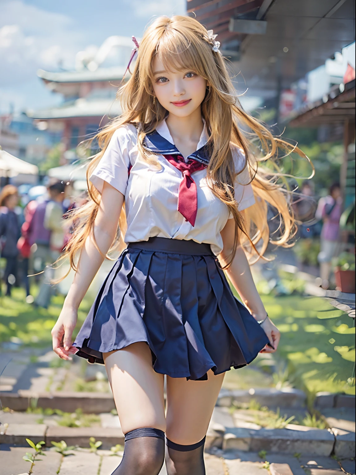(8K、RAW photography、top-quality、tmasterpiece:1.2)、(hentail realism、Photorealsitic:1.37)、ultra - detailed、超A high resolution、1 rapariga、see the beholder、beautifull detailed face、A smile、shrinks、(Slim waist) :1.3)、beautiful detailed skin、Skin texture、Floating hair、Professional lighting、full bodyesbian、Long hairs、The blonde、Japan high school uniform、Big high school girl、a sailor suit、bob hair、University、Happy smile、E-cup breasts、15yo student、dark-blue skirt、white thighhig、nedium breasts、The collar of the shirt is open.