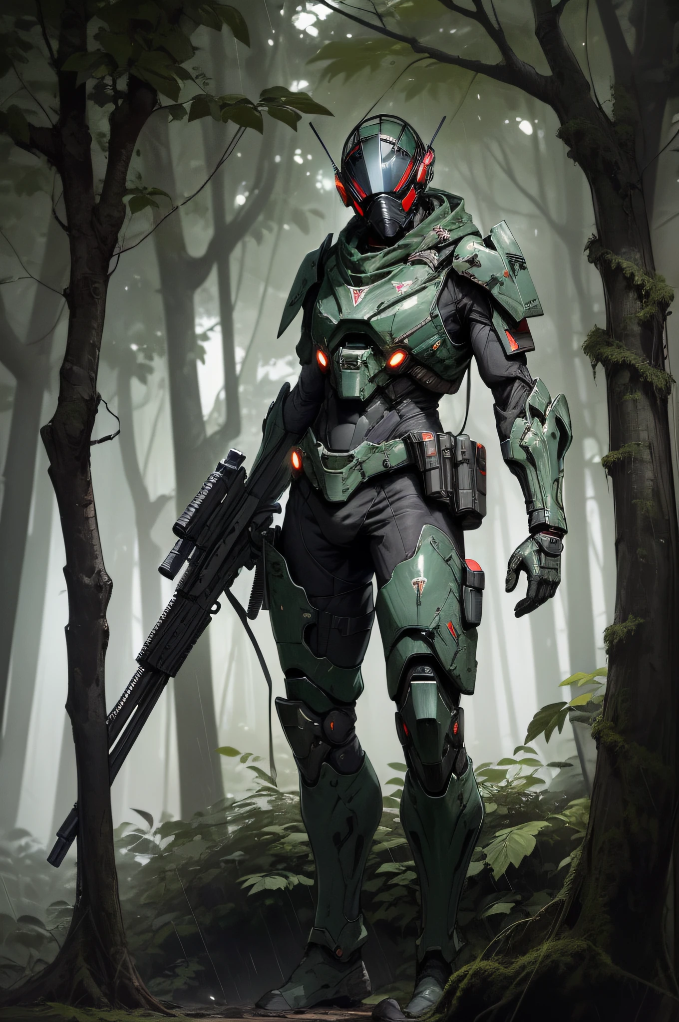 photo of , ((vindicare:1.2)), ((solo:1.3)), mask, red glowing visor, fully covered face, black bodysuit, weapon over shoulder, sniper rifle, standing on top of tree, standing by massive tree, lush jungle, dense jungle, rain forest, dark ambiance, night time,