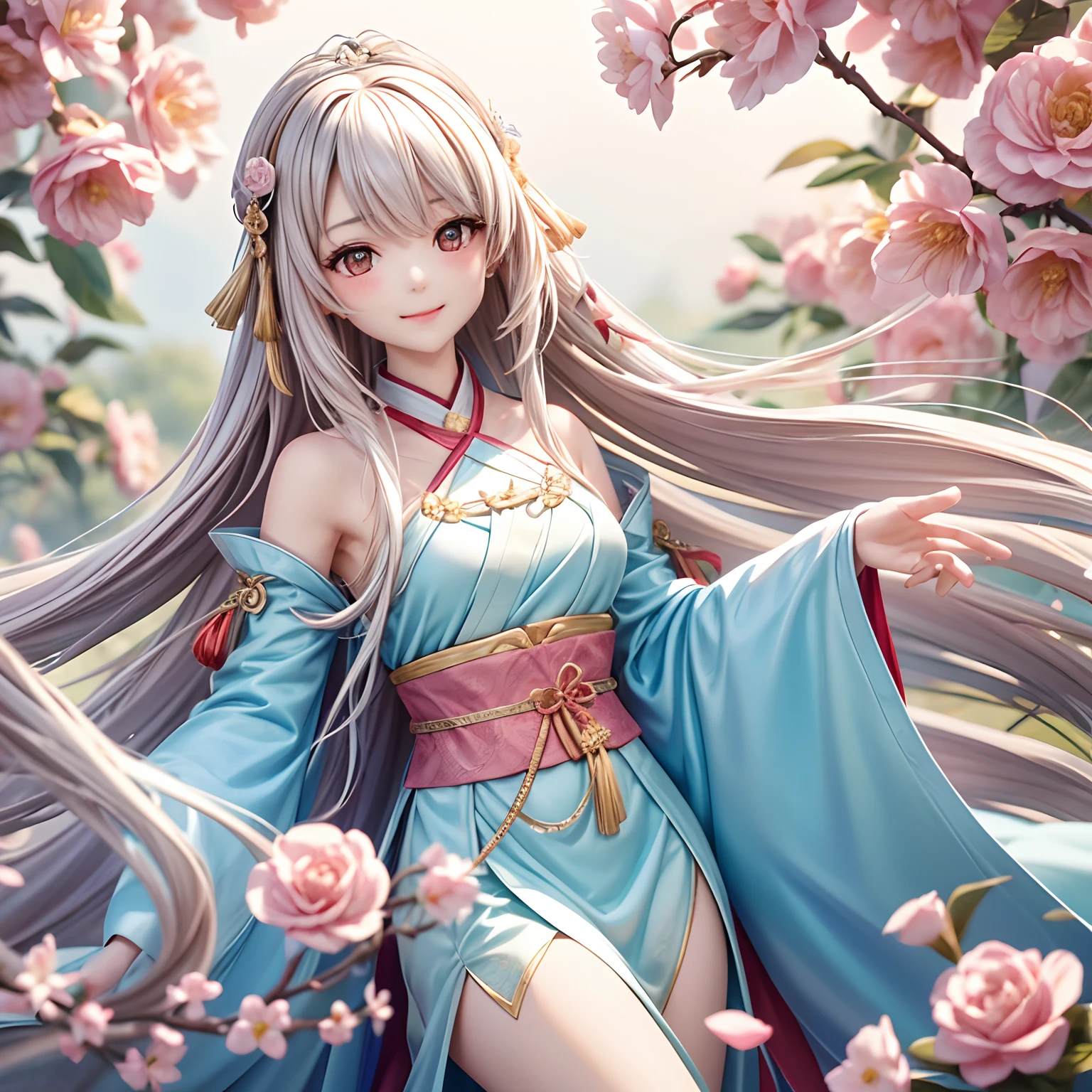 Movie Angle，（Cute girls，anatomy correct，full bodyesbian，Masterpiece camellia，Masterpiece Hanfu，ssmile），（illustratio，paper art，3Drenderingof），（plethora of colors，Best quality，high detal，tmasterpiece，Cinematic lighting effects，4K，Chiaroscuro）