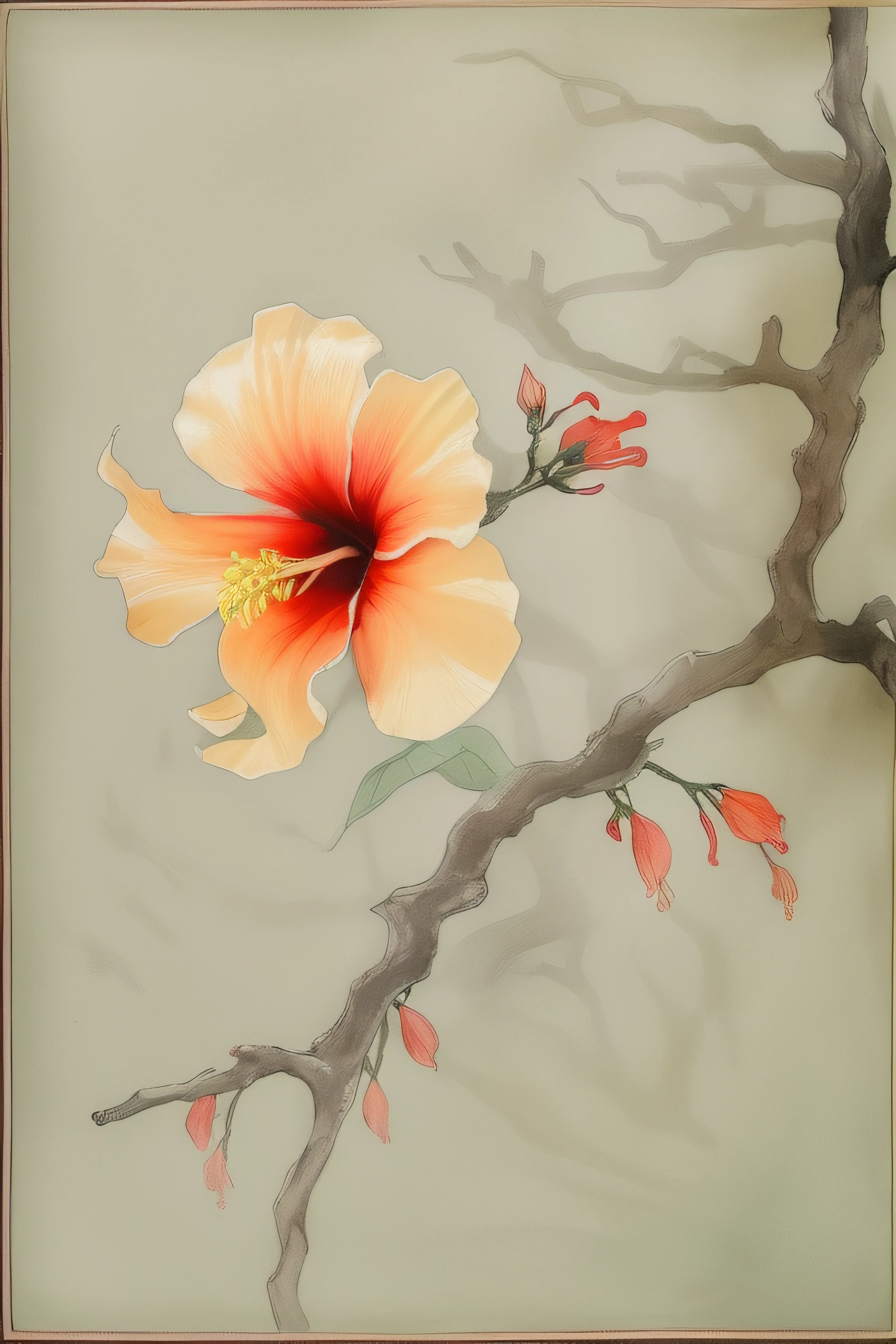 hibiscus flower blooming on a gnarled branch against a grey background, simple background, in the style of light orange and light beige, minimalist images, photography installations, paleocore, green and crimson, poetic intimacy, Chinese painting, ink and watercolor painting, water ink, ink, Smudge, Meticulous, water ink, Smudge, Meticulous, Smudge, low-saturation, Low contrast, Beautifully depicted, A detailed, acurate, Works of masters ,tmasterpiece