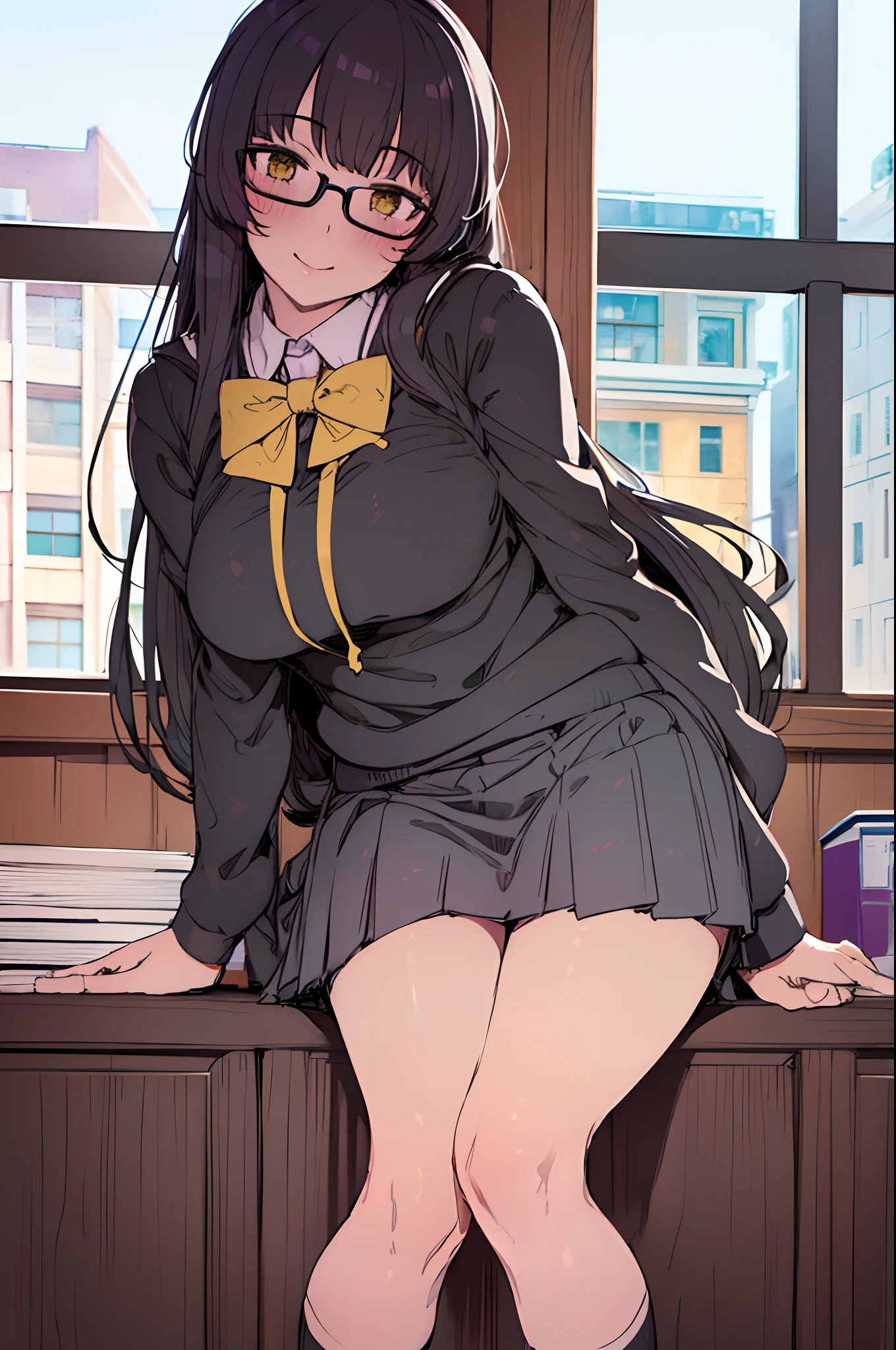 best quality,ultra-detailed (jk school uniform) 1girll,,{Black hair} (long whitr hair)(Lateral hair)(Shawl hair)(hair straight)，(Glasses),(Yellow eyes),fleshy feeling，Fleshy legs,Large breasts,portraits,photorealistic,studio lighting,vivid colors,pleated skirt,white blouse,long socks,loose tie,ribbon,long hair,smiling faces,bright classroom background,beautiful detailed eyes,beautiful detailed lips,cheerful expressions,accessories like backpacks and books,typical school setting,playful poses,jk friends in the background,flower decorations,happy atmosphere