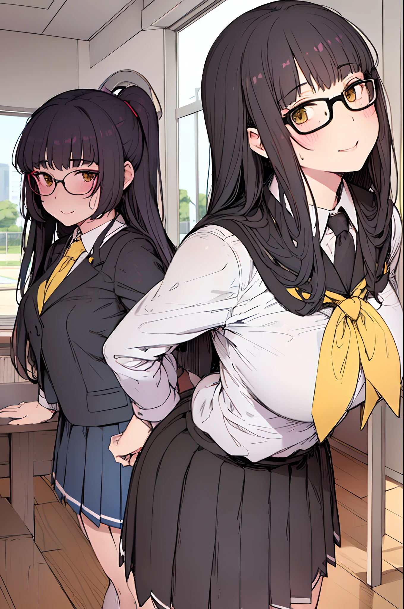 best quality,ultra-detailed (jk school uniform) 1girll,,{Black hair} (long whitr hair)(Lateral hair)(Shawl hair)(hair straight)，(Glasses),(Yellow eyes),fleshy feeling，Fleshy legs,Large breasts,portraits,photorealistic,studio lighting,vivid colors,pleated skirt,white blouse,long socks,loose tie,ribbon,long hair,smiling faces,bright classroom background,beautiful detailed eyes,beautiful detailed lips,cheerful expressions,accessories like backpacks and books,typical school setting,playful poses,jk friends in the background,flower decorations,happy atmosphere