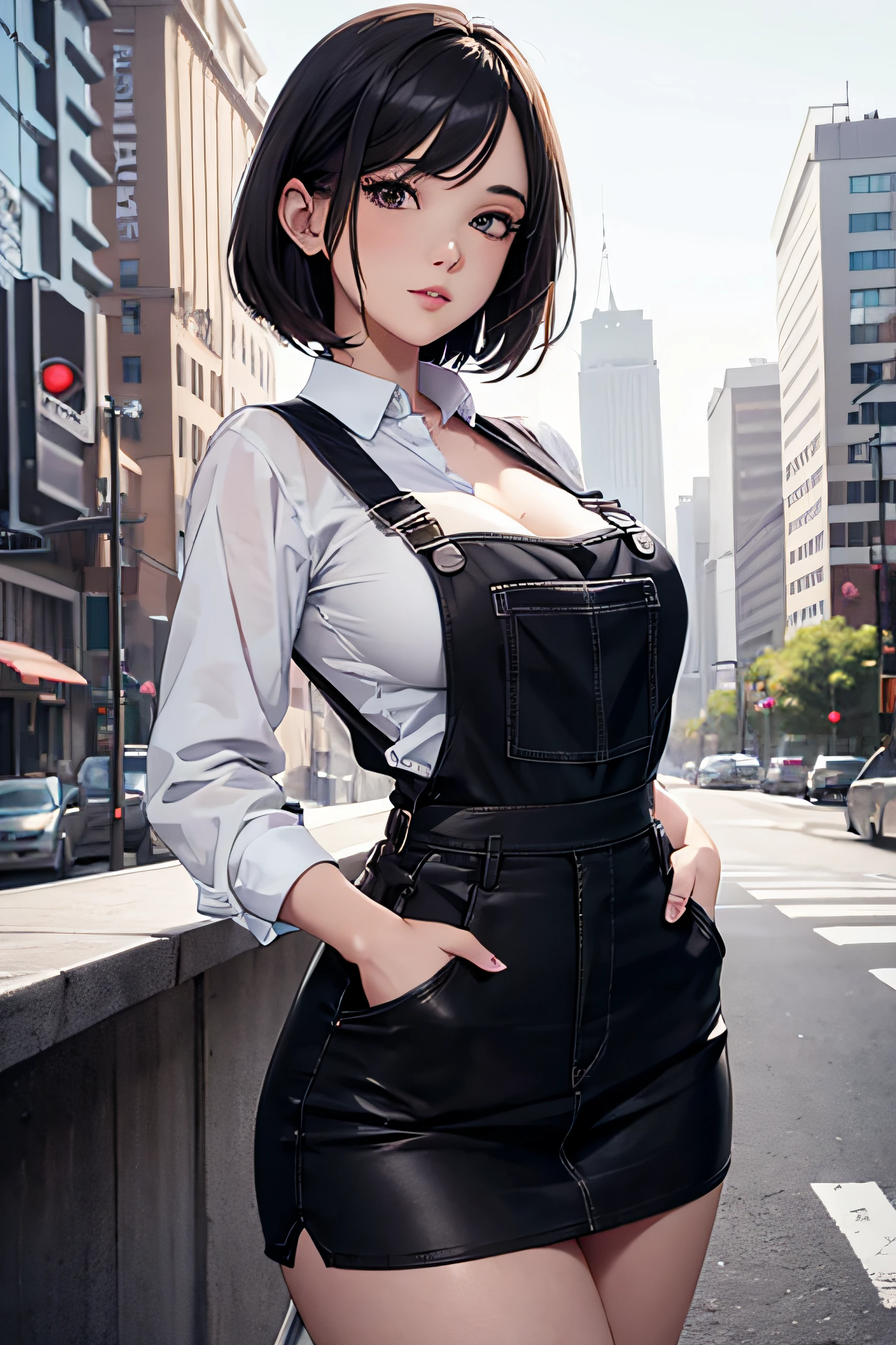 girl with shirt, black overalls skirt, medium breasts, cleavage, cityscape, flirtatious look, ((very detailed)), (perfectly detailed face), (well detailed hand) photorealistic image.