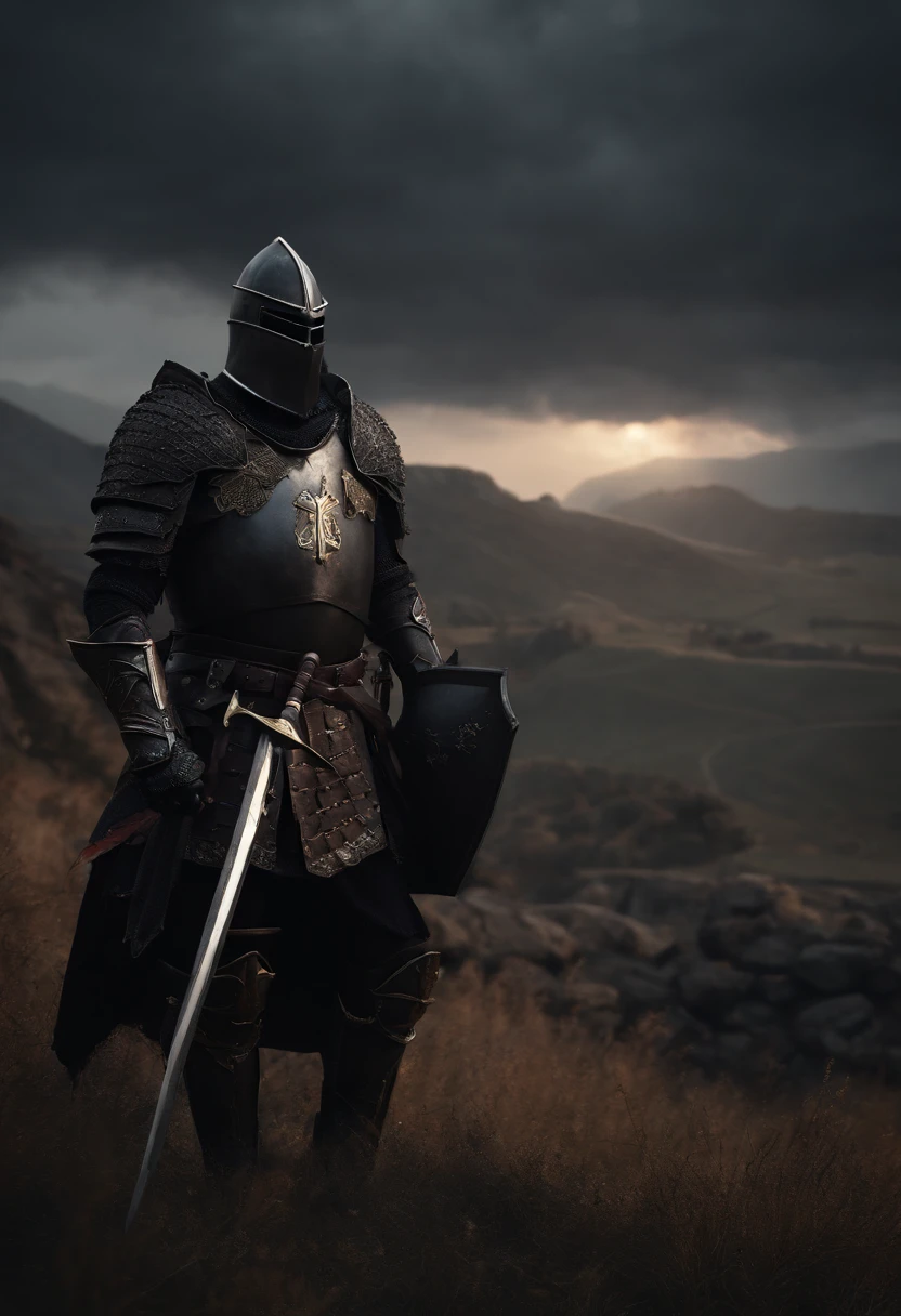 The black knight, strong male, not fat, spiked armor, skull helmet, large pauldrons, dark horror, overlooking battlefield, greatsword, cinematic, fine details, 8k, (dark shot:0.7), Subsurface scattering, (ambient lighting:1.3), (ArtStation:1.3)