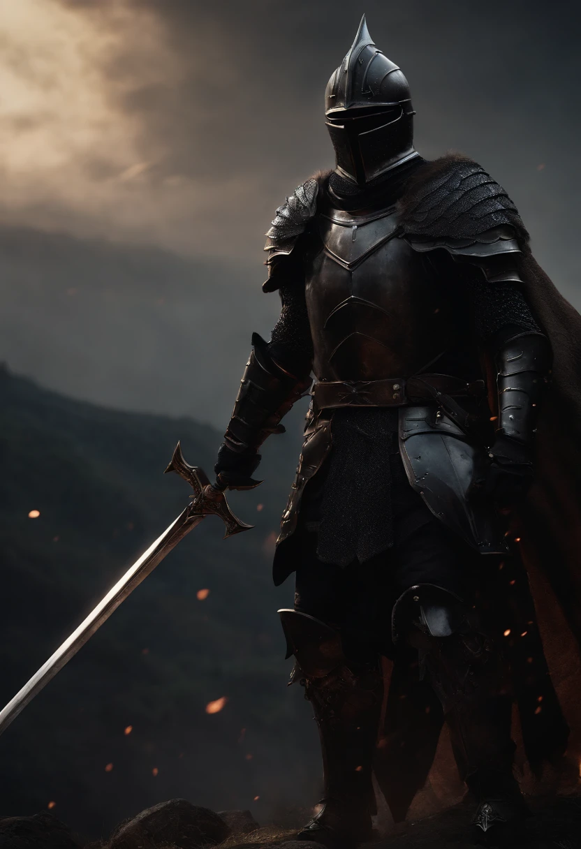 The black knight, strong male, not fat, spiked armor, skull helmet, large pauldrons, dark horror, overlooking battlefield, greatsword, cinematic, fine details, 8k, (dark shot:0.7), Subsurface scattering, (ambient lighting:1.3), (ArtStation:1.3)