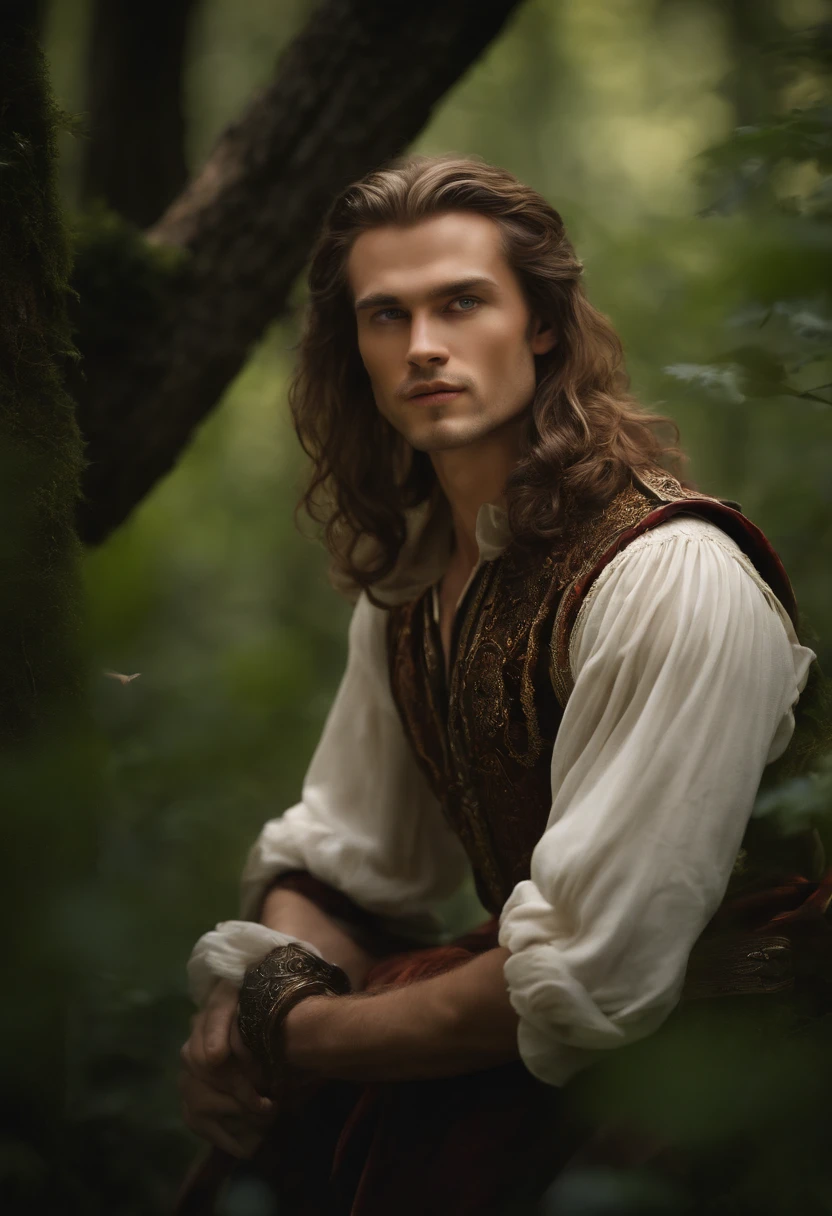 ((One Man)), portrait of a beautiful man in a mithorogic costume, ((Long sleaves)), With mystical colored eyes, pale skin, and long hair, Magical, Beautiful, Enchanting, Photorealism, mid-shot, ((Deep forest)), (((Make airborne particles shine))), ((Fantasy Art)), ((fireflys)),
