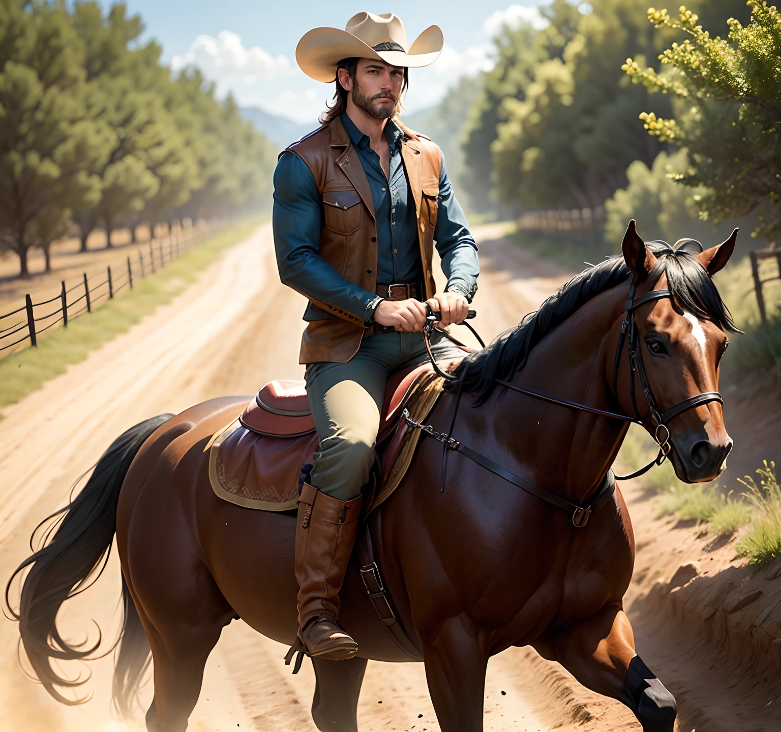 A handsome cowboy on a handsome horse, on a dirt road. Realistic image.