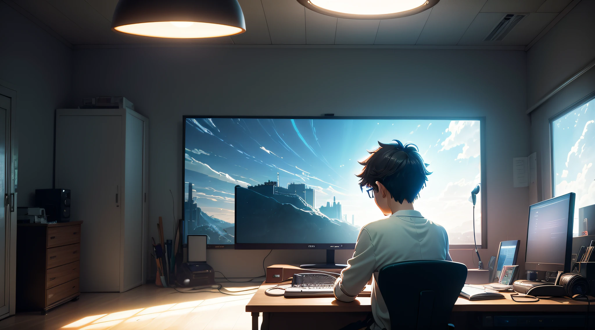 A nerdy ??? is programming on a computer in a room full of gadgets, Por makoto shinkai e ghibli studio, dramatic lighting, altamente detalhado, amazing quality, pele escura, Ultra realistic conical fading, Vision of the back