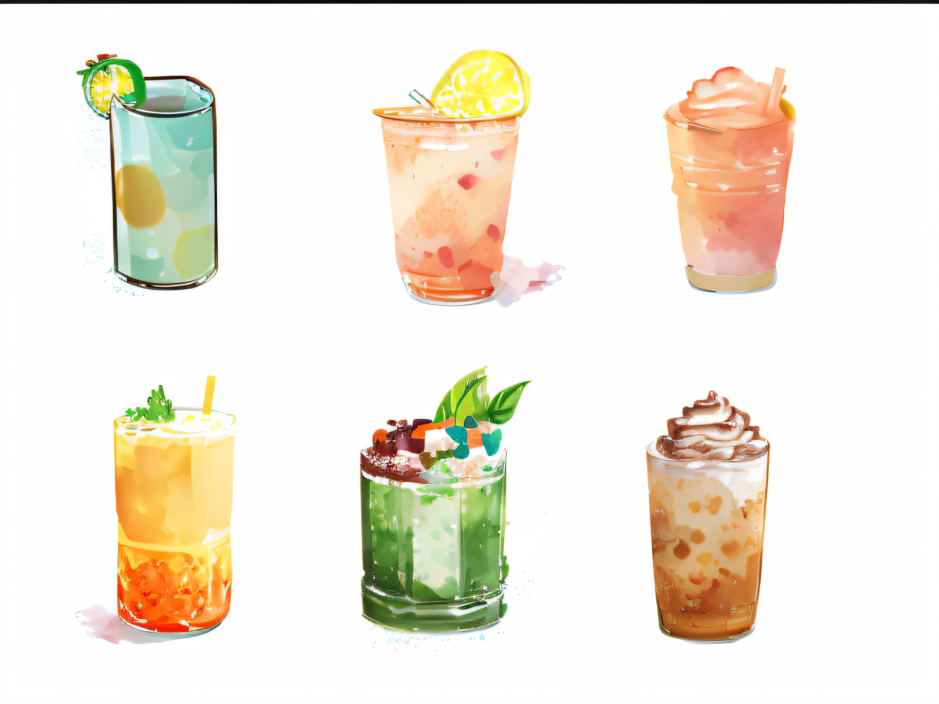There are many different drinks in different cups on white background, drinks, cold drink, colored milk tea, sprite art, drink, anime food, mixed drink, the elf, sea of parfait, colored concept art, Amazing food illustration, Limsa, spritesheet, slush)), slush, drink boba tea, Watercolor illustration style