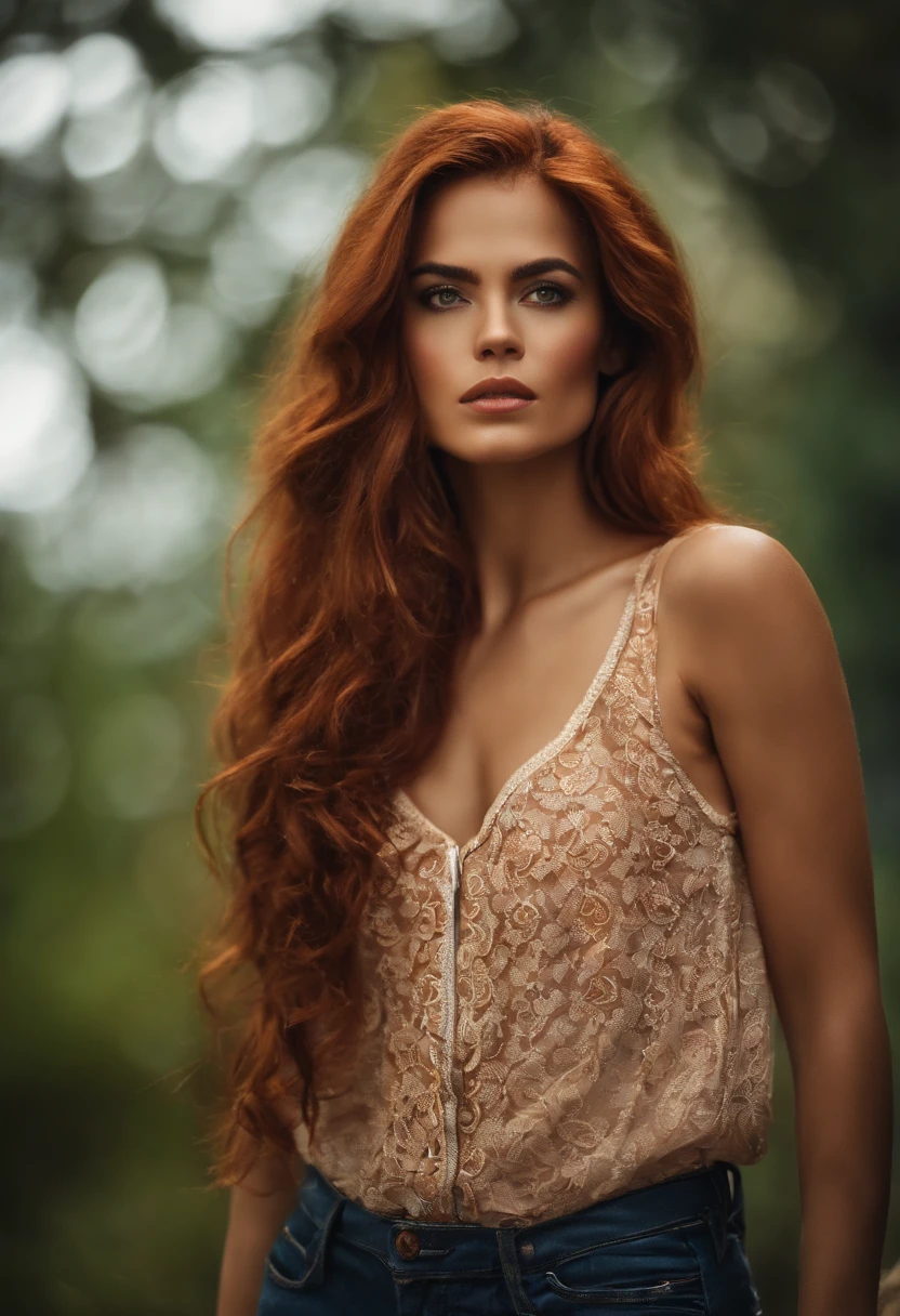 ultra realistic, photography, long red hair, girl, 24 years old, hourglass figure, perfect body, Flirty look, natural breasts, blur background, jungle in the background, olive shirt, brown shorts, a snake is coming from above in the background