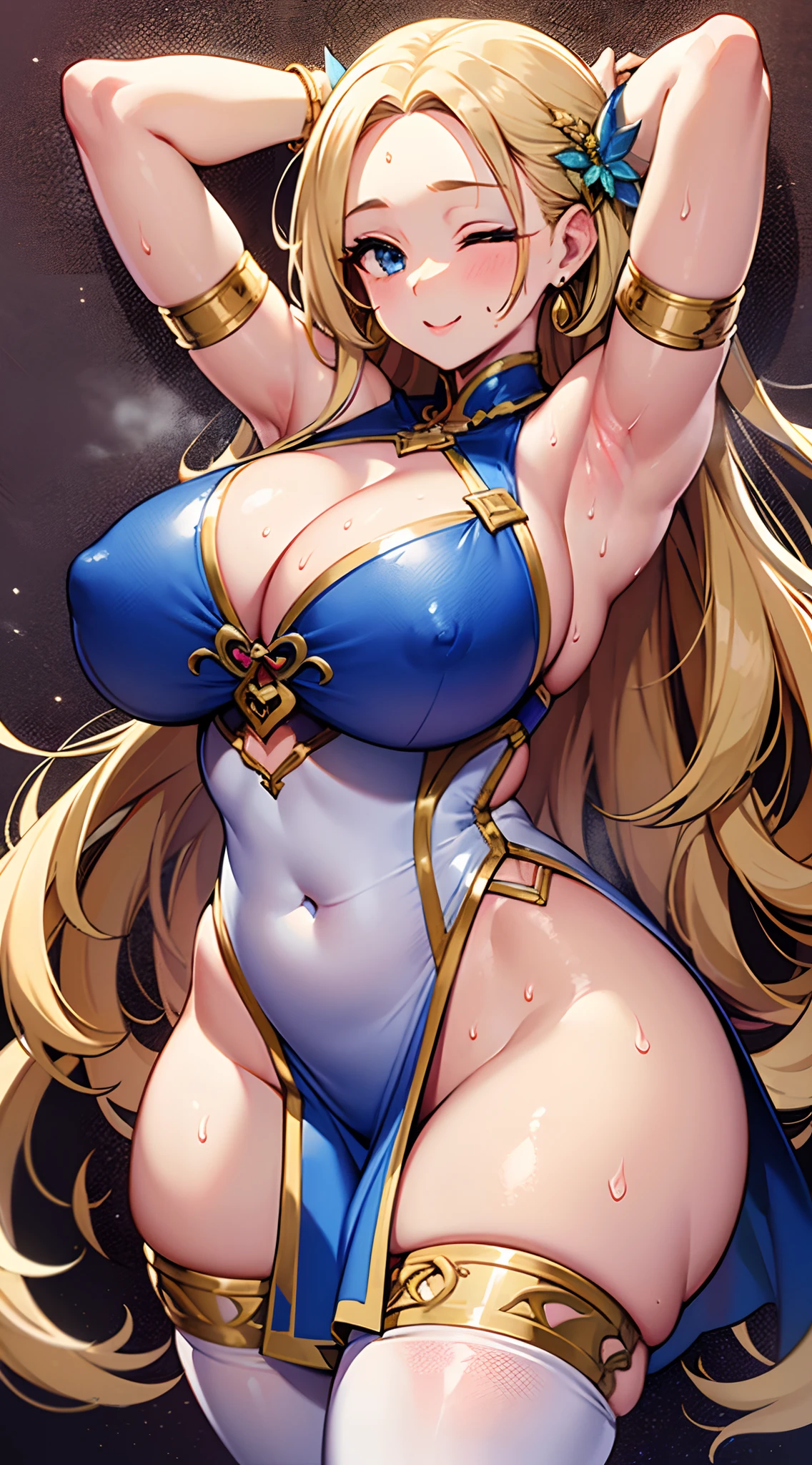 hiquality、 K、Official art、(NSFW)、adult  woman,((Huge breasts)),((big butts)),((thick thighs))、blush,Long hair,Blue eyes,((a blond)),((Forehead))、(Arms behind your head),((Armpits))、Sweat,white glove,white knee-socks、((fatness))、Dancing、smil、One eye is closed、Lots of blue jewelry,Gold bangles,tiarra、cleavage cutout、navel cutout、((White Dress))、