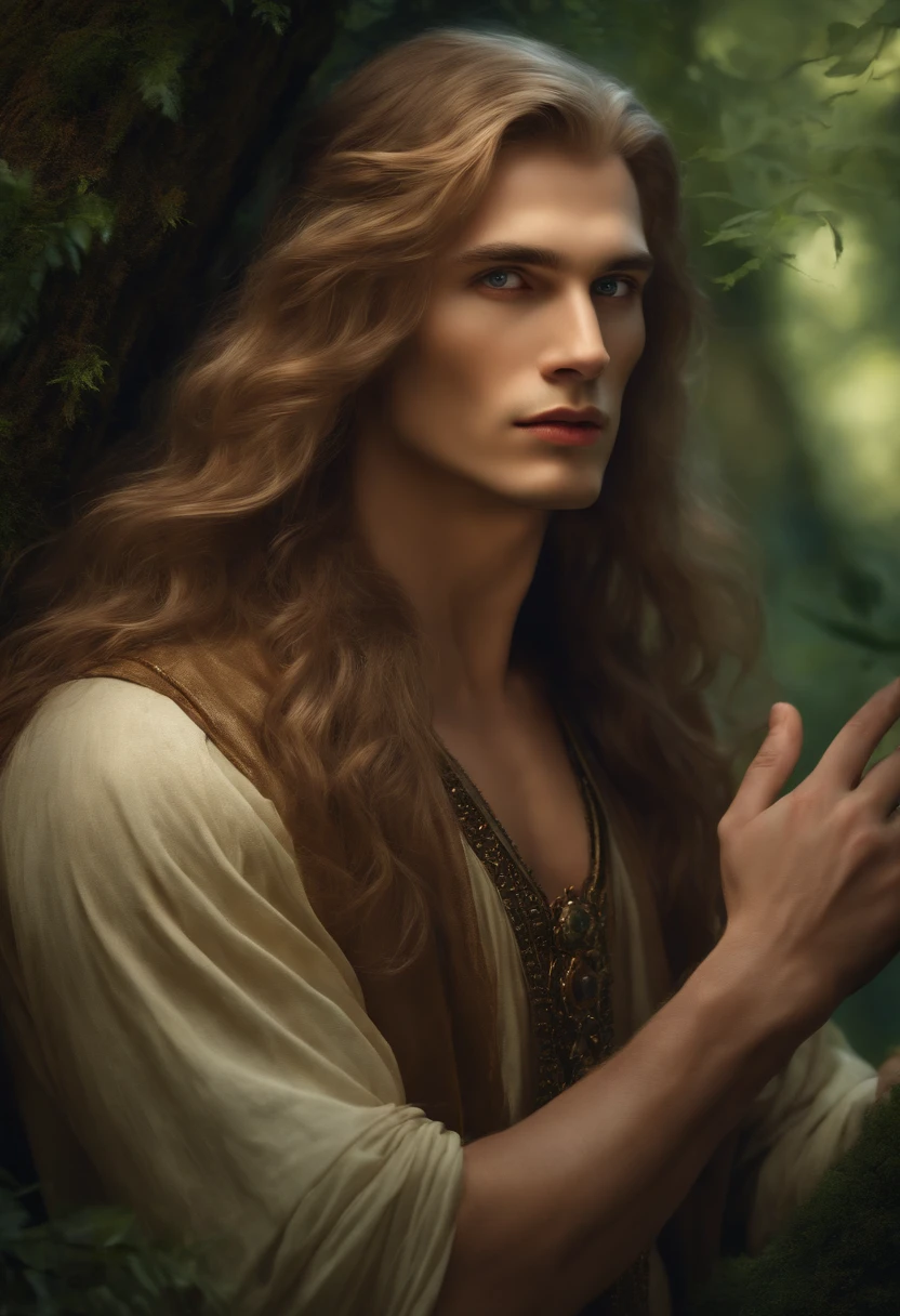((One Man)), portrait of a beautiful man in a mithorogic costume, ((Long sleaves)), With mystical colored eyes, pale skin, and long hair, Magical, Beautiful, Enchanting, Photorealism, mid-shot, ((Deep forest)), (((Make airborne particles shine))), ((Fantasy Art)), ((fireflys)),