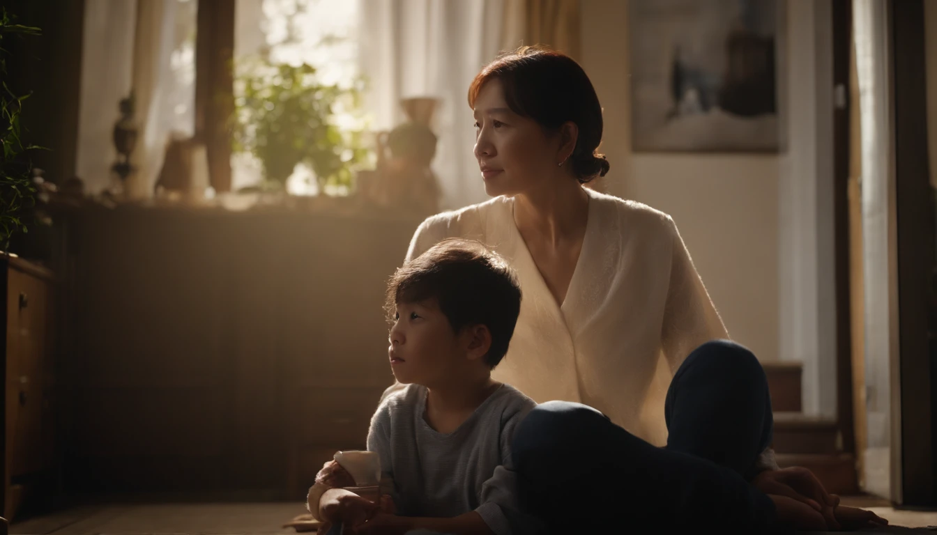 Japan parents and children mother and son 50Year old woman 18Year old man 50Year Old Mother 18Year old son frontage canny scary atmosphere realistic top-quality delicate Live Action realisitic a picture 8K ultra-detailliert