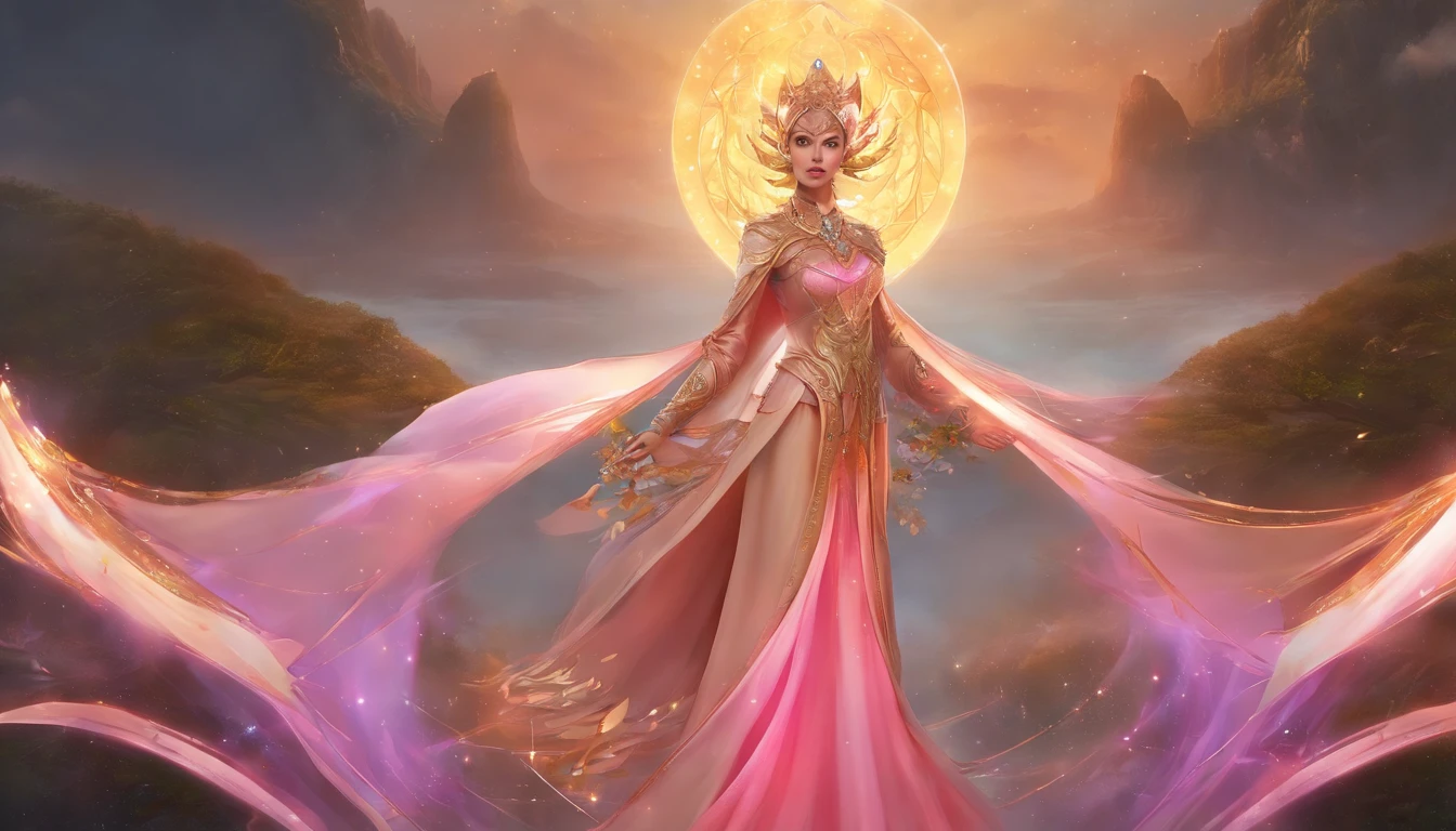 foto de lyndacarter (Olhando:1.5) no espectador, corpo ineiro, (master part:1.3), (melhor qualidade:1.2), ultra high-resolution, Beautiful, (detalhes intrincados), Unity 8k papel de parede, ultra detalhado, Beautiful, aesthetic, perfect lighting, Ultra Detalhado, tiro de corpo inteiro, (Skindentation: 1.5), realista, realista, (obra-prima: 1.5), arte conceitual, detalhes intrincados, altamente detalhado, realista, octane rendering, 8K, motor irreal, dinamic pose, melhor qualidade, alta resolução, (rosto realista: 1.1), (hiper-realismo: 1.1) , ((full_body)), olhos perfeitos, (pele brilhante: 1.2), ((penteado))), ((perfect hands))), (fundo muito detalhado), ((dynamic background), Vestindo um manto, (((Manto de fluxo))), ((Olhos detalhados, Olhos de alta qualidade, Rosto de alta qualidade)), vestido rosa claro extremamente complexos, magical robes)