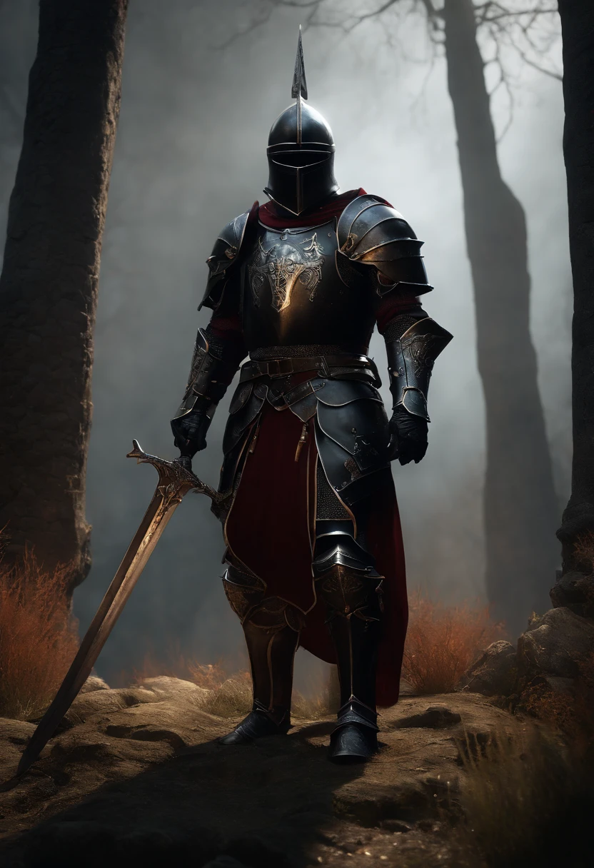 The black knight, strong male, not fat, ornate full plate armor, skull helmet, large pauldrons, dark horror, overlooking battlefield, large great sword, cinematic, fine details, 8k, (dark shot:0.7), Subsurface scattering, (ambient lighting:1.3), (ArtStation:1.3)