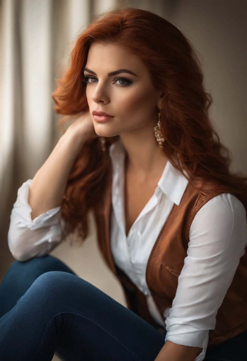 mulher ruiva , rosto angelical, serious face , jeans e regata