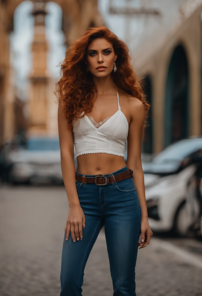 mulher ruiva , rosto angelical, serious face , jeans e regata