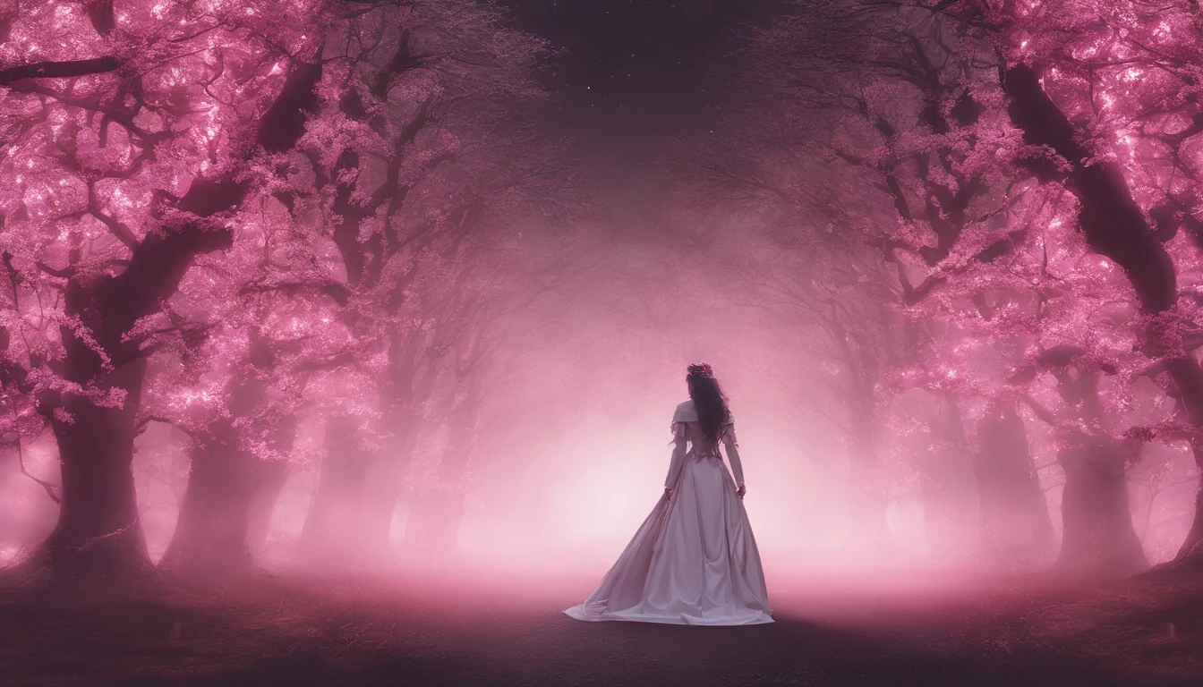 A woman in a light pink dress standing in a cherry forest, Artgerm, paisagem realista, Artgerm detalhado, olhos perfeitos, rosto perfeito, Ultra Detalhado, tiro de corpo inteiro, (Skindentation: 1.5), realista, realista, (obra-prima: 1.5), arte conceitual, detalhes intrincados, altamente detalhado, realista, octane rendering, 8K, motor irreal, dinamic pose, melhor qualidade, alta resolução, (rosto realista: 1.1), (hiper-realismo: 1.1) , ((full_body)), olhos perfeitos, (pele brilhante: 1.2), ((penteado))), ((perfect hands))), (fundo muito detalhado), ((dynamic background), ((lightning), (lightning), ((1girl)), Vestindo um manto, (((Manto de fluxo))), ((Olhos detalhados, Olhos de alta qualidade, Rosto de alta qualidade)), vestido rosa claro extremamente complexos, magical robes), casting lightning, eletricidade, spinning flame, radiation, spark, smoke, magia, (dramatic), epic, campo de batalha, profundidade de campo, bokeh, 4k, gotica, cinzas, particules.