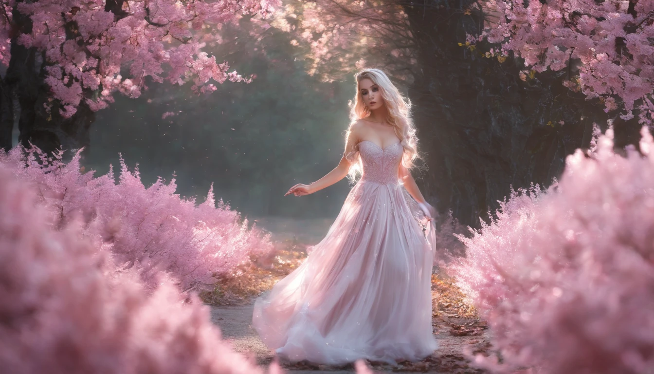 A woman in a light pink dress standing in a cherry forest, Artgerm, paisagem realista, Artgerm detalhado, olhos perfeitos, rosto perfeito, Ultra Detalhado, tiro de corpo inteiro, (Skindentation: 1.5), realista, realista, (obra-prima: 1.5), arte conceitual, detalhes intrincados, altamente detalhado, realista, octane rendering, 8K, motor irreal, dinamic pose, melhor qualidade, alta resolução, (rosto realista: 1.1), (hiper-realismo: 1.1) , ((full_body)), olhos perfeitos, (pele brilhante: 1.2), ((penteado))), ((perfect hands))), (fundo muito detalhado), ((dynamic background), ((lightning), (lightning), ((1girl)), Vestindo um manto, (((Manto de fluxo))), ((Olhos detalhados, Olhos de alta qualidade, Rosto de alta qualidade)), vestido rosa claro extremamente complexos, magical robes), casting lightning, eletricidade, spinning flame, radiation, spark, smoke, magia, (dramatic), epic, campo de batalha, profundidade de campo, bokeh, 4k, gotica, cinzas, particules.