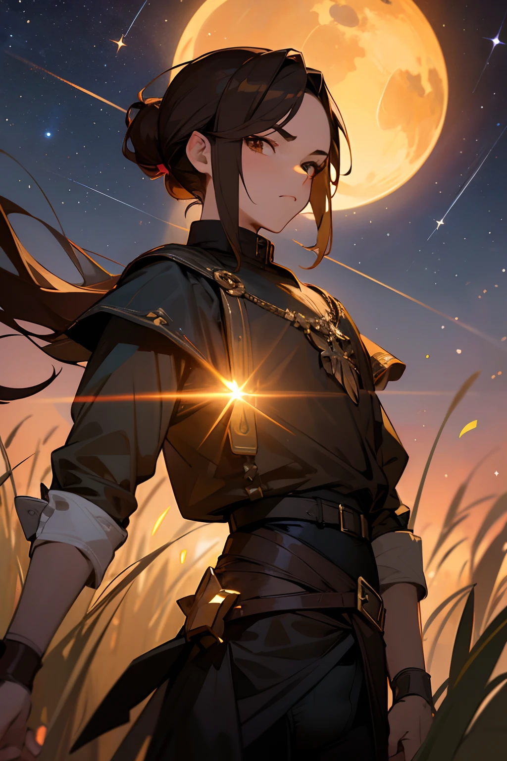 Masterpiece, ultra-high quality, very detailed, trending on ArtStation, 1man, (effeminate), long hair, (brown hair), ((chignon haircut)), extremely detailed eyes, (brown eyes), ((white sclera)), extremely detailed nose, angry, wearing dark blue medieval shirt, belt and buckles around waist, wearing black leggings, (muscular butt), back to viewer, fireflies around actor, field background, sunset, night sky, (stars on the sky), ambiance light
