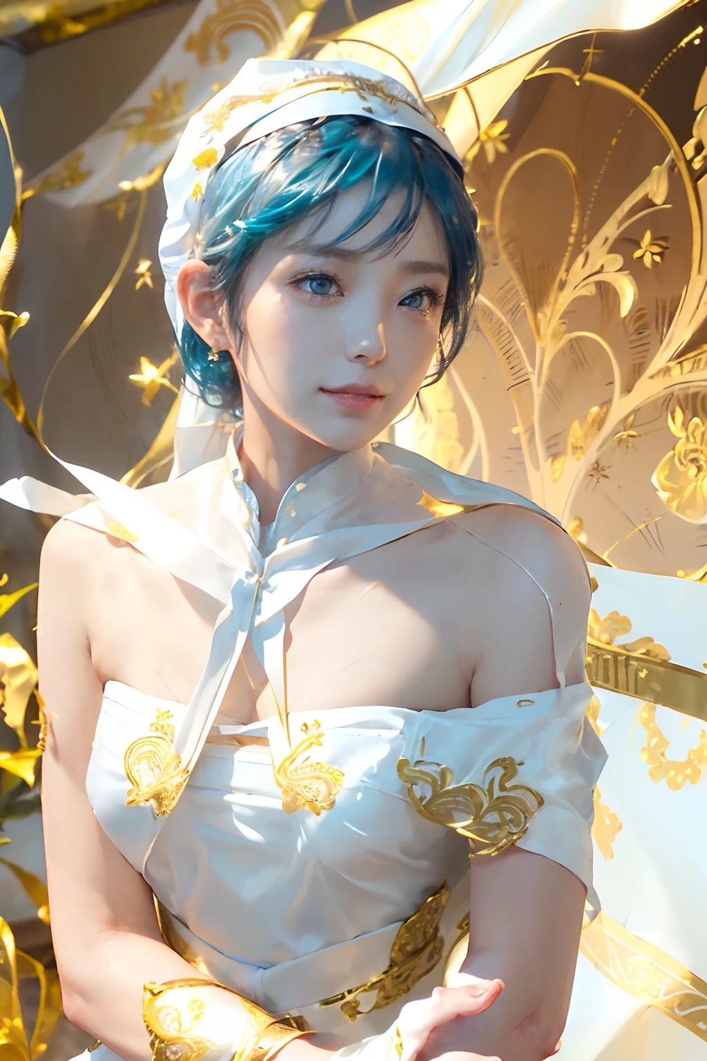 ((top-quality、8K、masterpiece、Photorealistic:1.4、fine-textured、Beautiful and detailed)), (gold foil, Intricately drawn paisley pattern, Delicate workmanship, (White cloth:1.4), maid dress:1.5), (Medium Hair, Beautiful hairstyle, lightbluehair:1.5)、Clear, Fine-grained skin、Beautiful clear eyes、(cleavage of the breast)、Carefree and natural smile、(Hair disheveled in the wind:1.3)、Beautiful girl with a smile、rich in nature、Bright sunlight(thin-waist:1.3)、(Dynamic and provocative poses:1.2)、(Backshots)