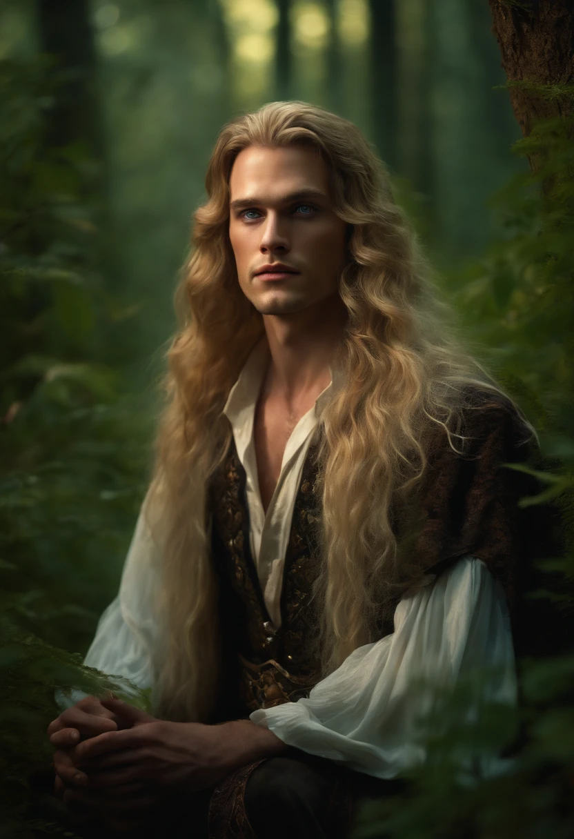 ((One Man)), Portrait of a man in a misogynistic costume, ((Long sleaves)), With mystical colored eyes, pale skin, and long hair, Magical, Beautiful, Enchanting, Photorealism, mid-shot, ((Deep forest)), (((Make airborne particles shine))), ((Fantasy Art)), ((fireflys)),