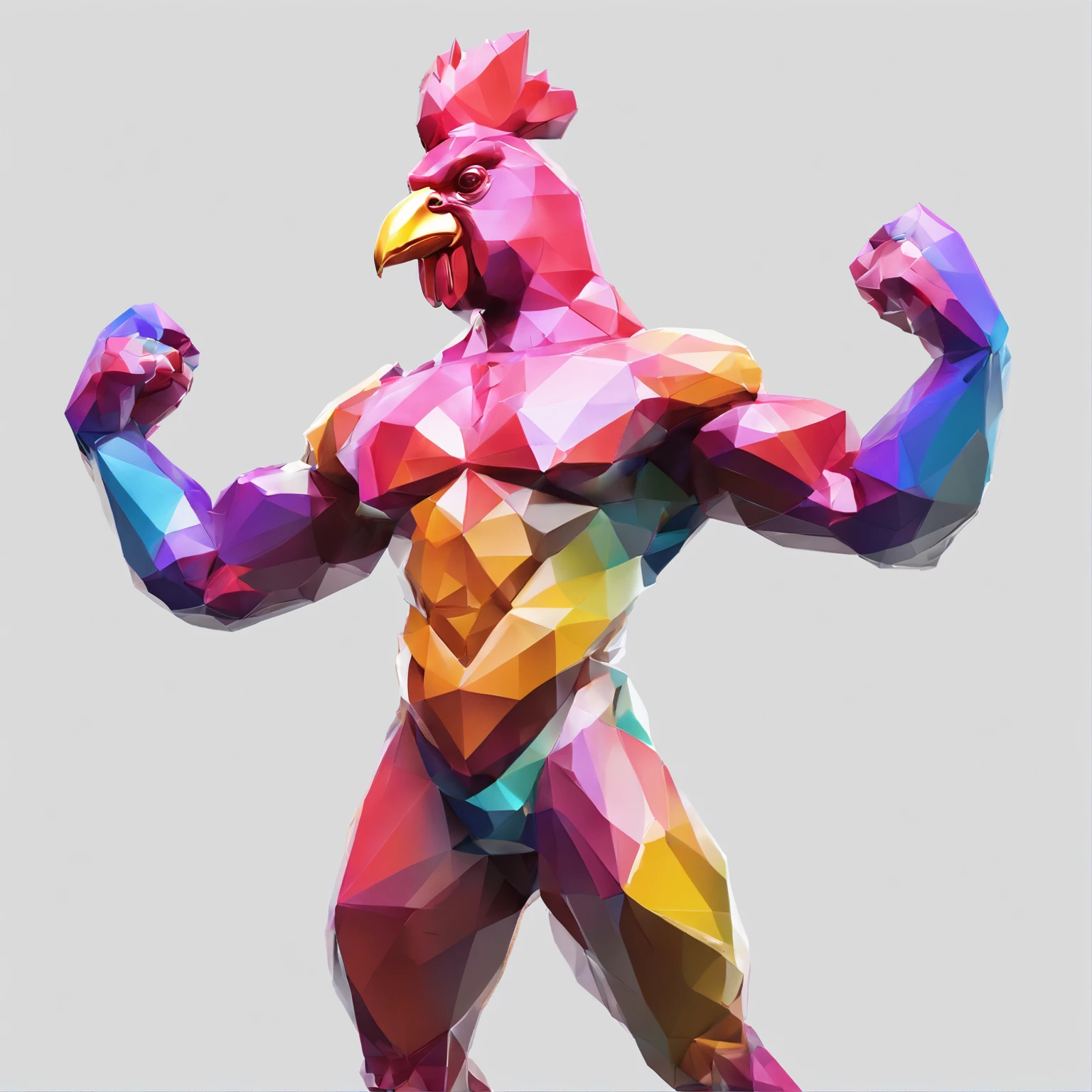 body builder、Only the head is a chicken human、colourfull、Perfect alignment, body builder、Chickens only the head,Crystal Vase,Rose flower, Wearing sunglasses, cheerfulness, Standing position, Abstract beauty, Centered, Looking at the camera, Facing the camera, Approaching perfection, Dynamic, Highly detailed, Smooth, Sharp Focus, 8K, hight resolution, Illustration, art by carne griffiths and wadim kashin, White background