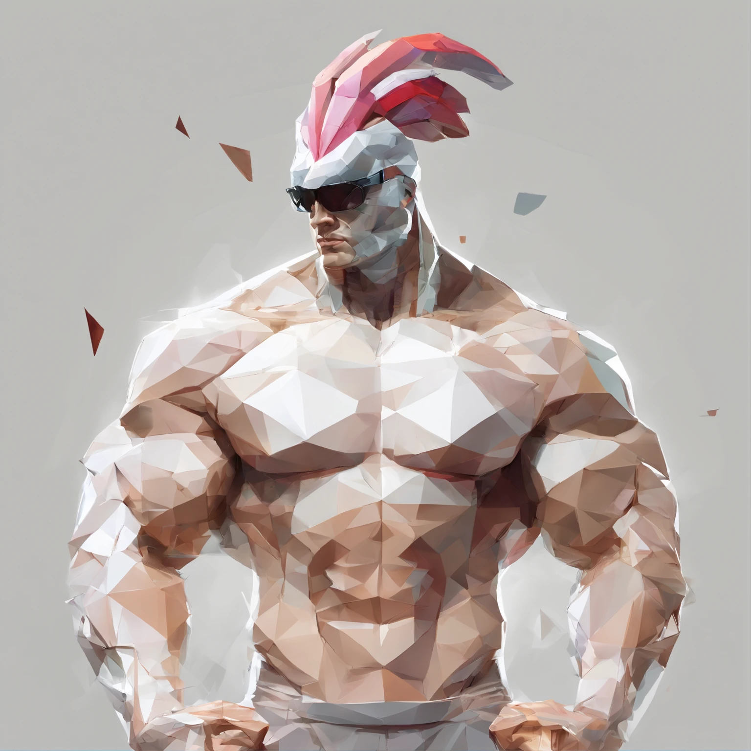 body builder、Only the head is a chicken human、Perfect centering, Wear a student team jacket, Wearing sunglasses, Wearing headphones, cheerfulness, Standing position, Abstract beauty, Centered, Looking at the camera, Facing the camera, Approaching perfection, Dynamic, Highly detailed, Smooth, Sharp Focus, 8K, hight resolution, Illustration, art by carne griffiths and wadim kashin, White background