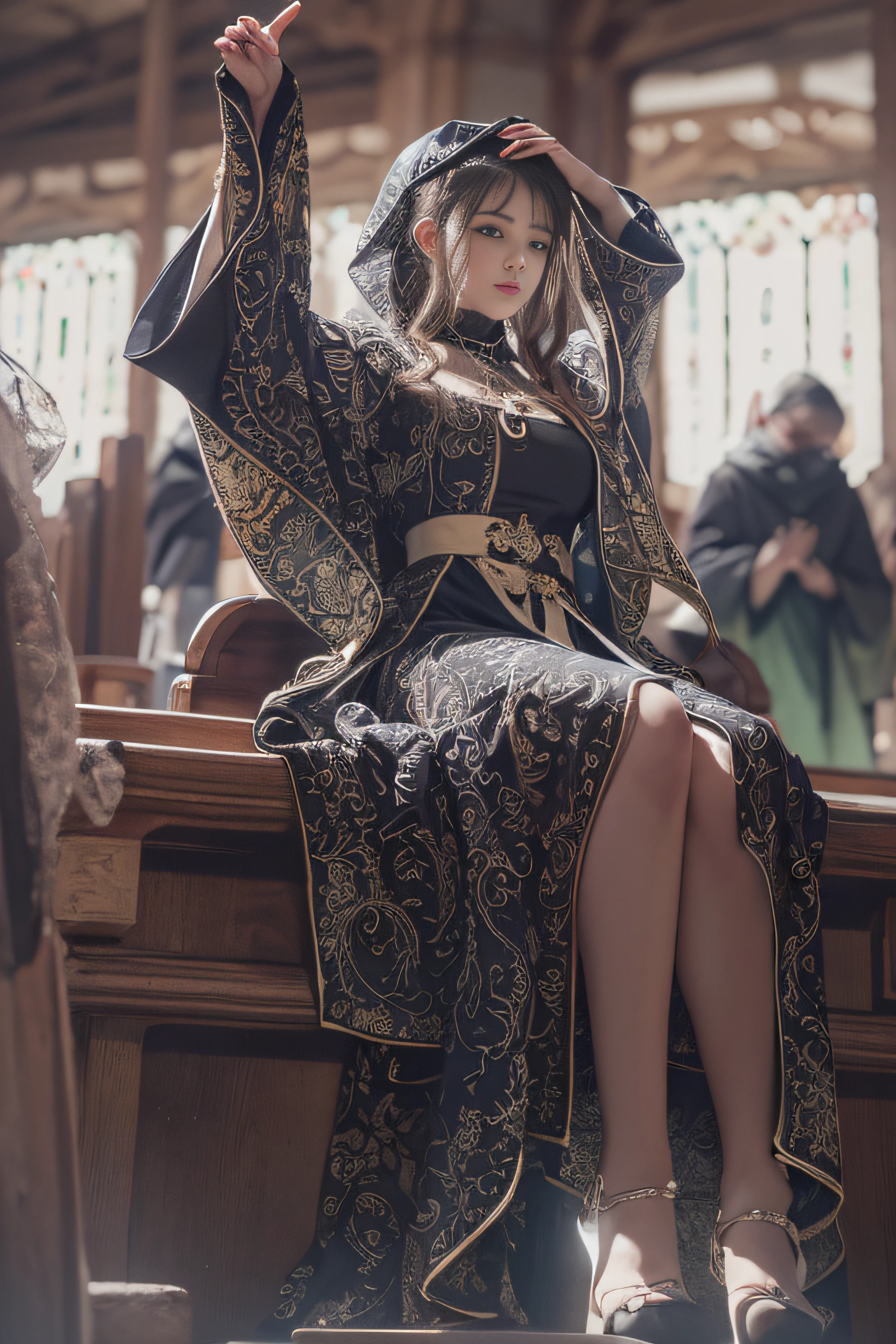 1womanl、25-years old、Cultivated woman、(ultra beautiful faces:1.5)、(Black monastic vestments:1.1)、Sit on a chair in the chapel and open your crotch、(The body is facing this way:1.3)、(spread legs to the sides:1.1)、Cross Necklace、Church Chapel、(At SFW)
