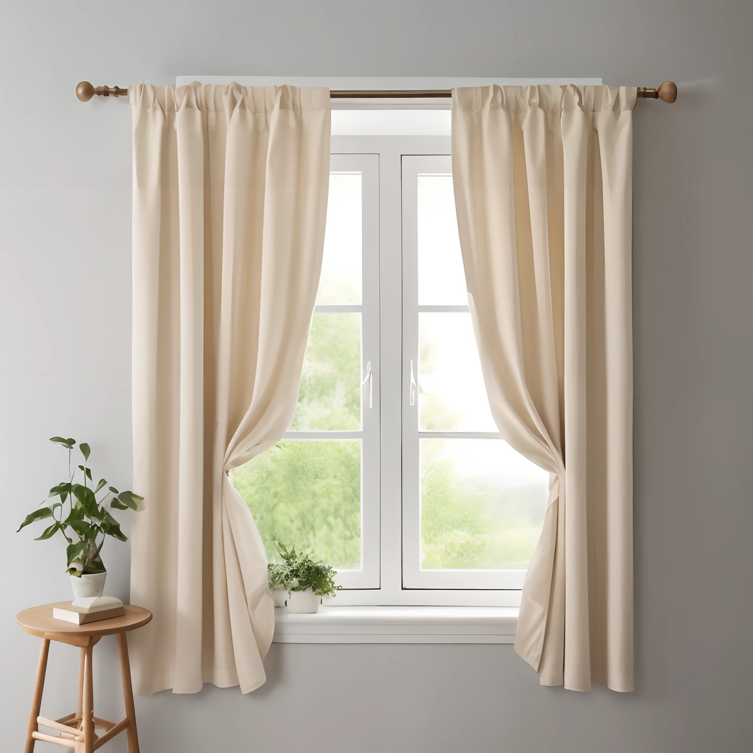 Close-up of windows with curtains and plants, Curtains, Curtain bangs, with backdrop of natural light, curtain, natural window lighting, background made of big curtains, 窗帘, alizarin curtains, soft glowing windows, Central split curtain bangs, Tiled curtains, cream - colored room, hermosas cortinas, Soft natural lighting, natural light window