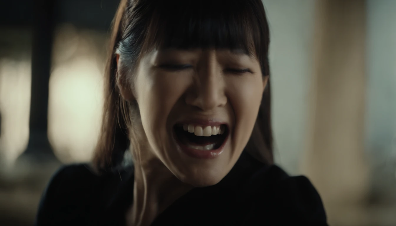 The mouth of a woman screaming ominously japanes60Year Old Woman Creepy woman in black clothes Screaming Woman 1a person Upper Body Photo Delicate hair Delicate wrinkles canny scary atmosphere realistic top-quality delicate Live Action realisitic a picture