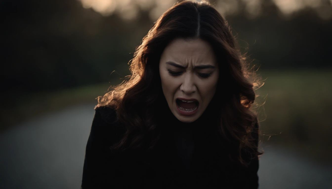The mouth of a woman screaming ominously japanes60Year Old Woman Creepy woman in black clothes Screaming Woman 1a person Upper Body Photo Delicate hair Delicate wrinkles canny scary atmosphere realistic top-quality delicate Live Action realisitic a picture