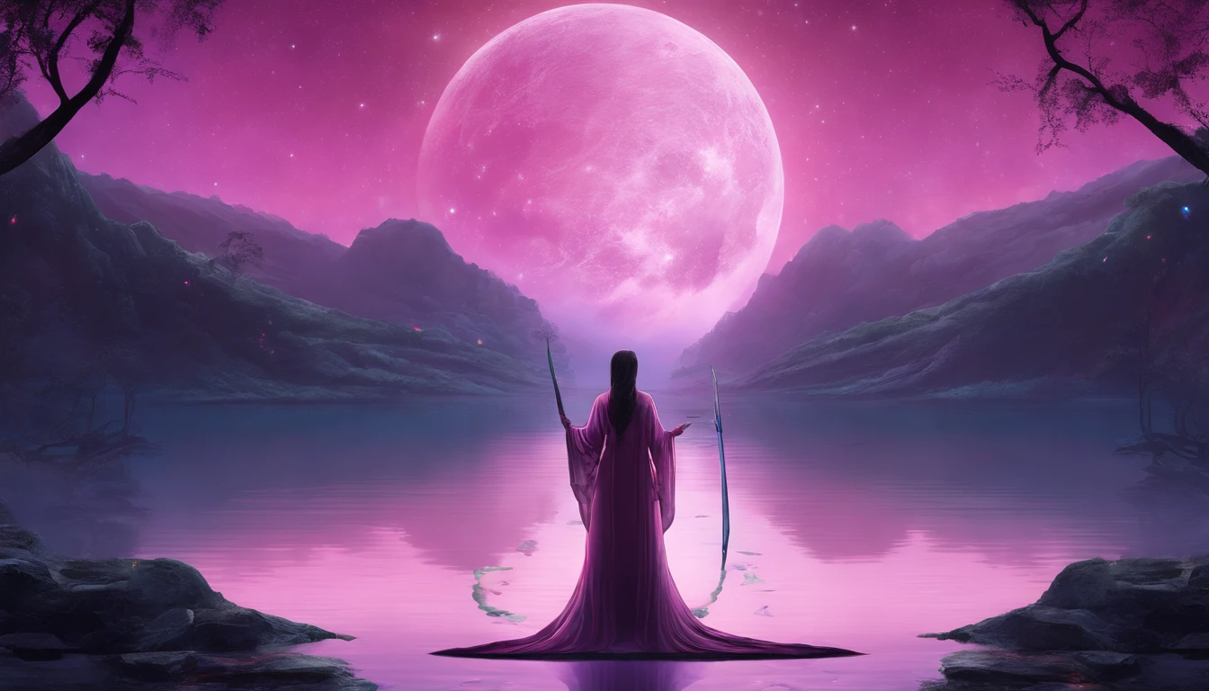 A distant cosmic being, Standing in a pink robe, abaixo de um portal em forma de U invertido. The female cosmic being with SWORD on the watery ground in one hand and a LANTERN in the other hand, de frente para o portal e de volta para a tela, contra um fundo de violeta negra, azul, e roxo, A sky full of stars, com um grande, Lua Cheia Brilhante.