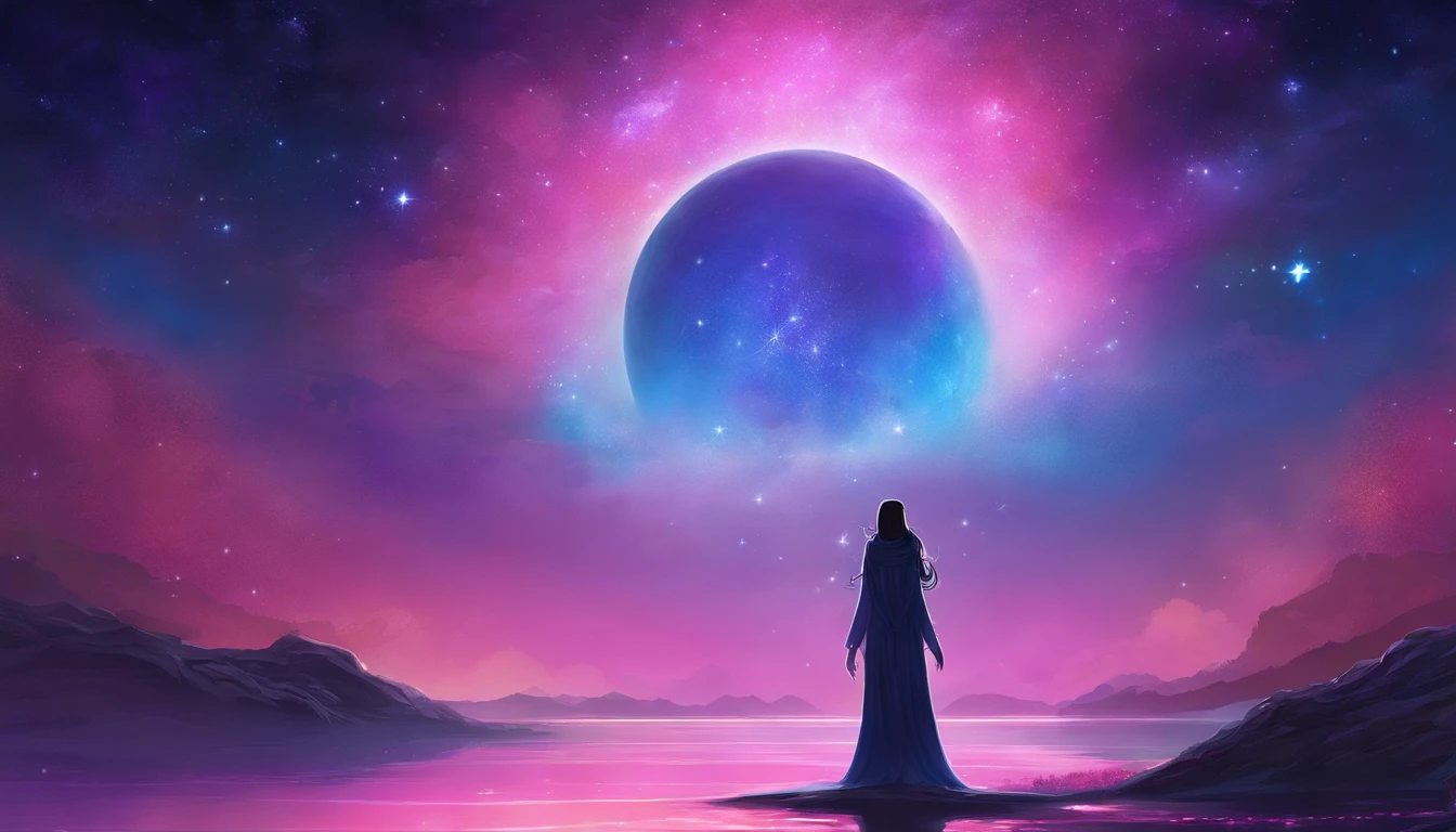 A distant cosmic being, Standing in a pink robe, abaixo de um portal em forma de U invertido. The female cosmic being with SWORD on the watery ground in one hand and a LANTERN in the other hand, de frente para o portal e de volta para a tela, contra um fundo de violeta negra, azul, e roxo, A sky full of stars, com um grande, Lua Cheia Brilhante.