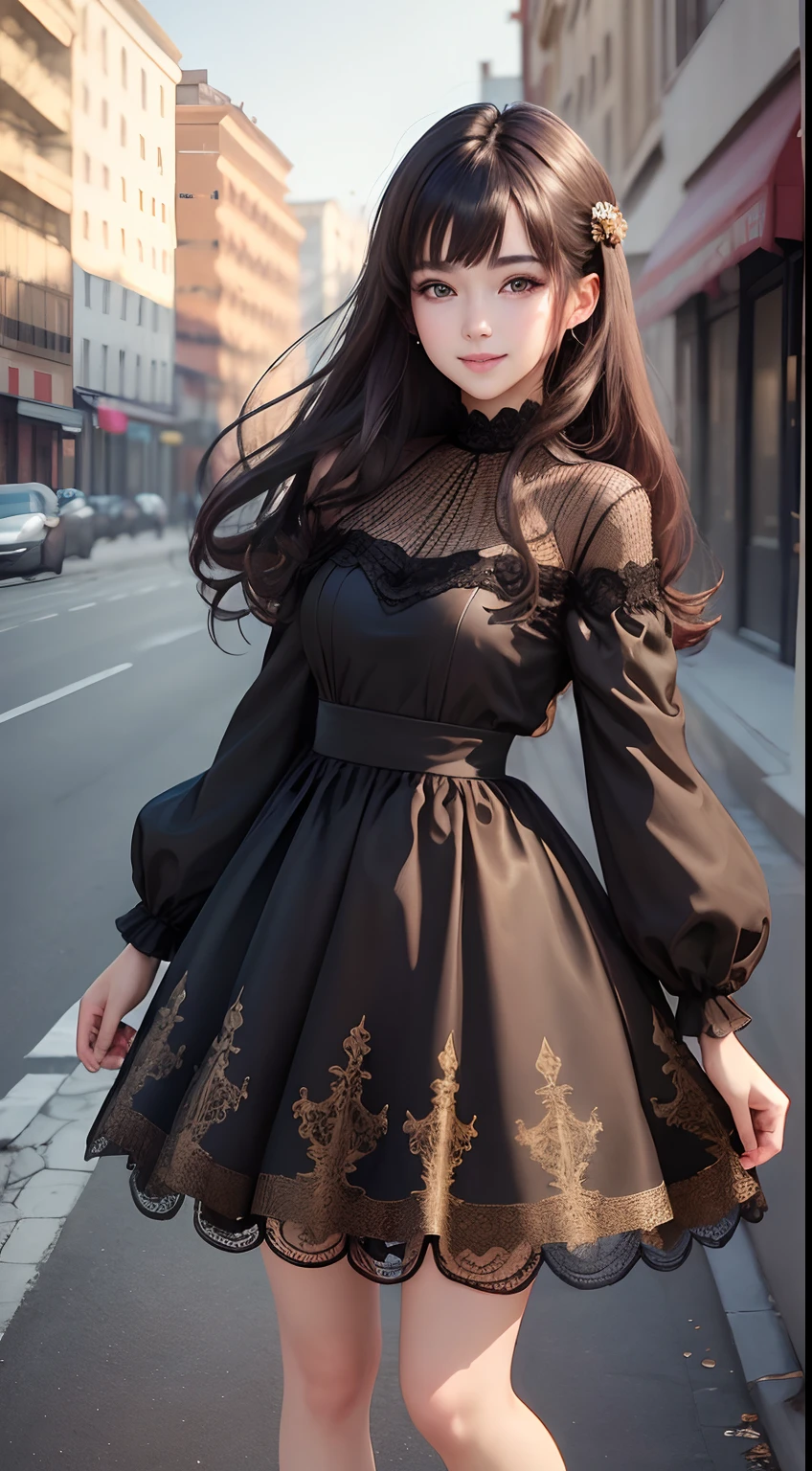 ((Best quality, 8k, Masterpiece :1.3)), 1girl, smiling, full body, slim face, Pretty woman, (Dark brown hair), full length dress :1.1, Ultra-detailed face, Detailed eyes, Double eyelid, blur background, slim face, city, outside, street,