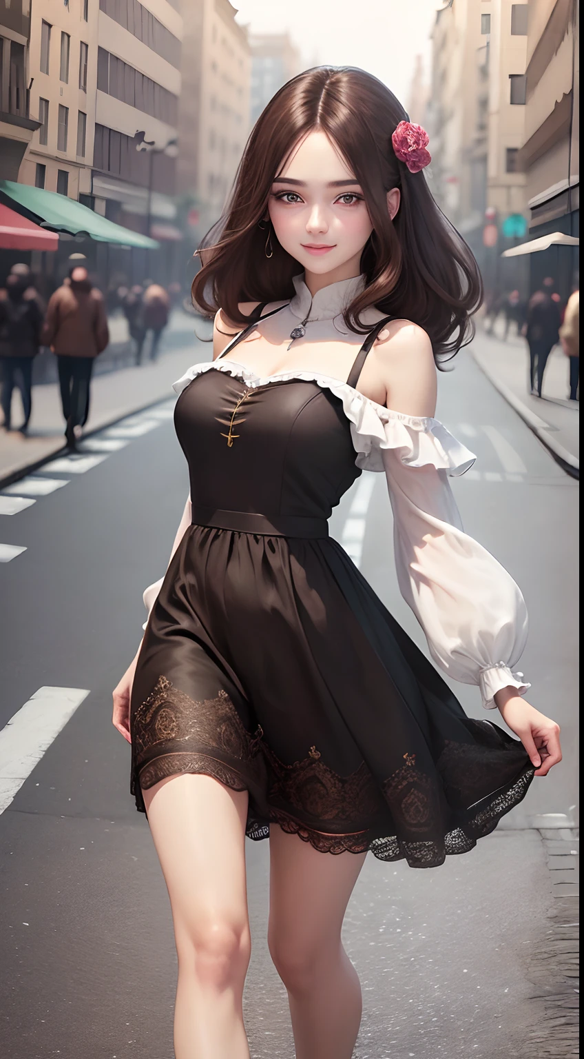 ((Best quality, 8k, Masterpiece :1.3)), 1girl, smiling, full body, slim face, Pretty woman, (Dark brown hair), full length dress :1.1, Ultra-detailed face, Detailed eyes, Double eyelid, blur background, slim face, city, outside, street,
