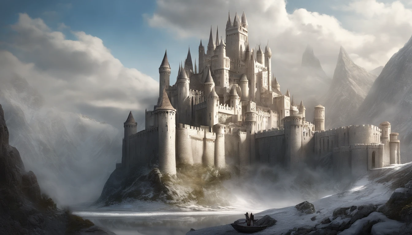 masterpiece, best quality, hd, hyper detailed, epic city, a white glorious medieval city, medieval, fantasy rpg, castle, perfect light, large city, minas tirith, giant dragon, white sky, high bright, ultra hd ::n_blurry, cartoon, poorly drawn